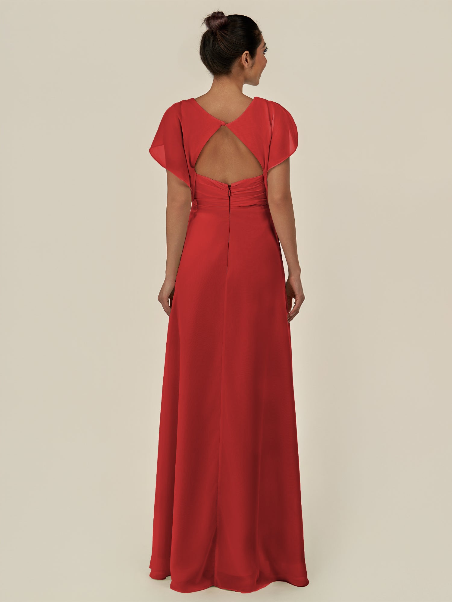 KissDress-Aven Ruby Red A Line Chiffon Cap Sleeves V Neck Pleated Long Bridesmaid Dress with Slit