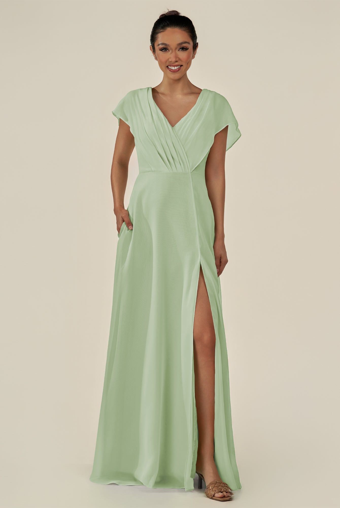 KissDress-Aven Sage A Line Chiffon Cap Sleeves V Neck Pleated Long Bridesmaid Dress with Slit
