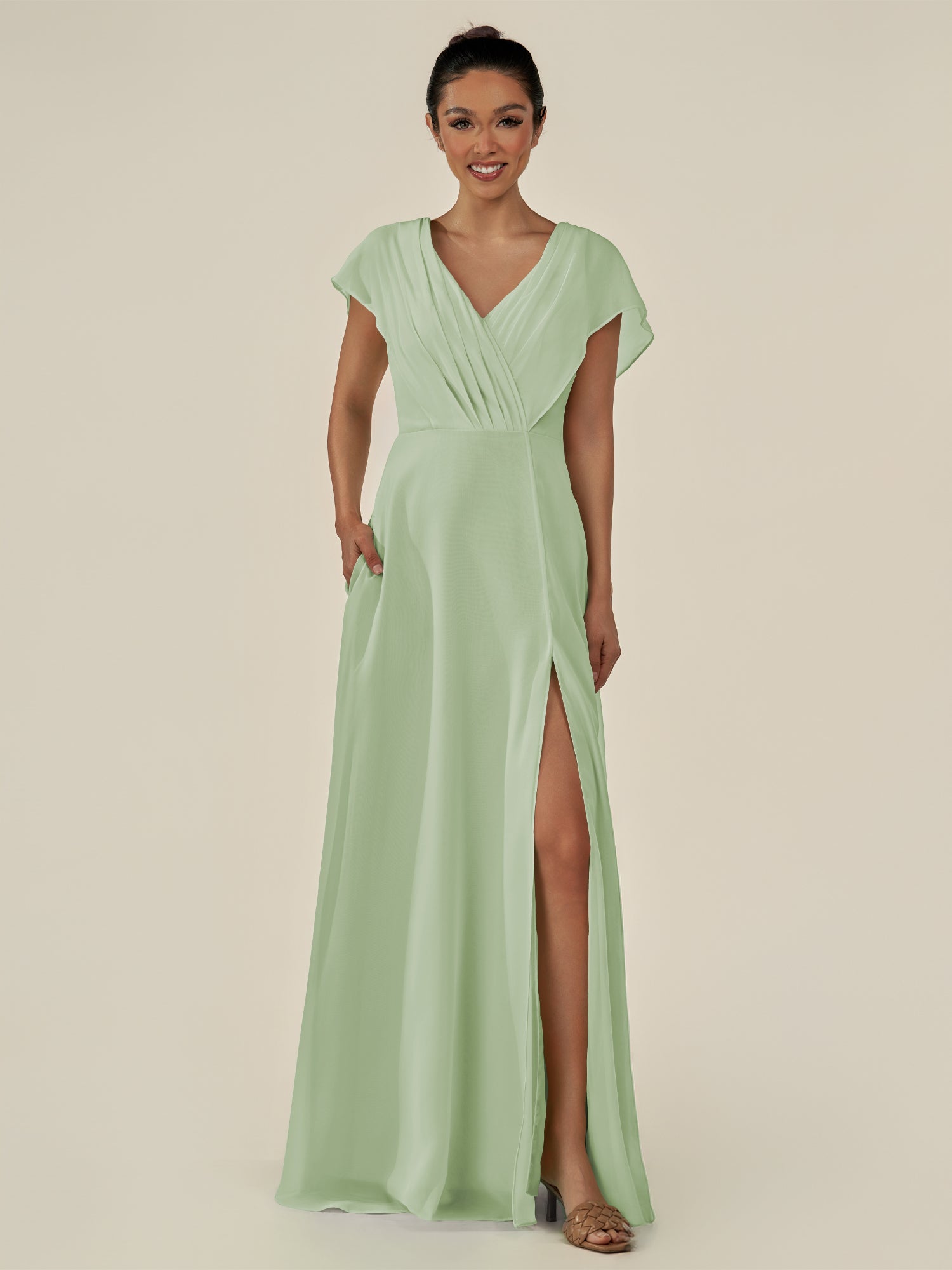 KissDress-Aven Sage A Line Chiffon Cap Sleeves V Neck Pleated Long Bridesmaid Dress with Slit
