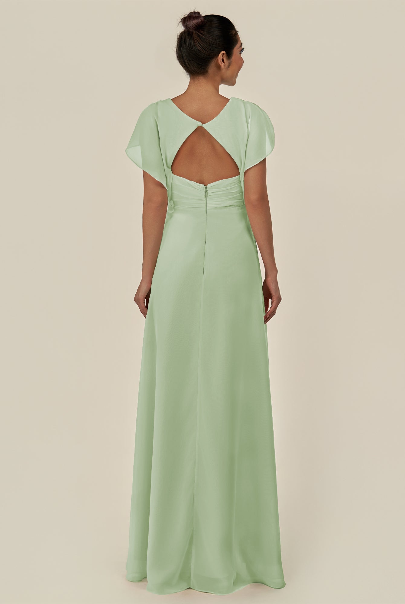 KissDress-Aven Sage A Line Chiffon Cap Sleeves V Neck Pleated Long Bridesmaid Dress with Slit