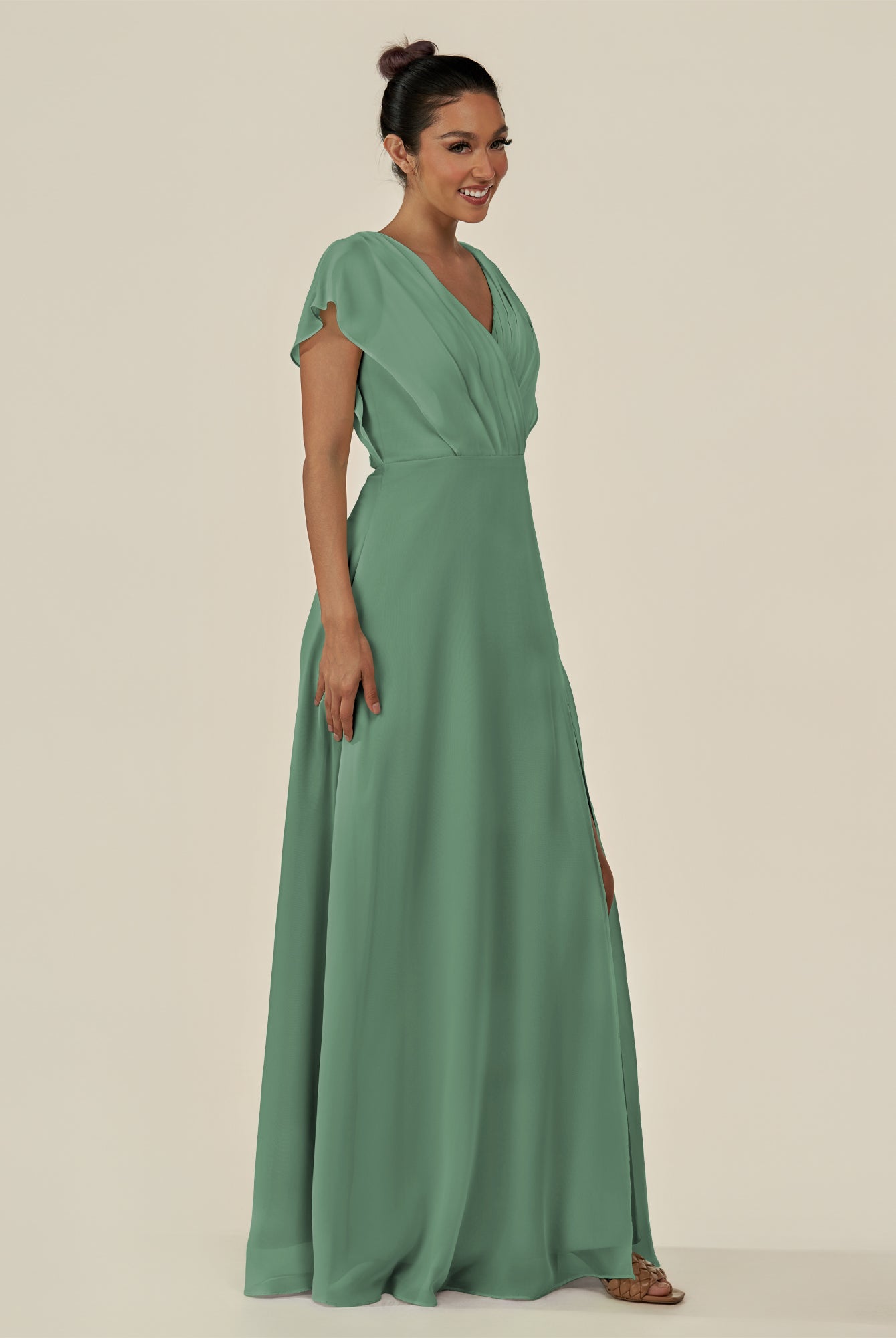 KissDress-Aven Sea Glass A Line Chiffon Cap Sleeves V Neck Pleated Long Bridesmaid Dress with Slit