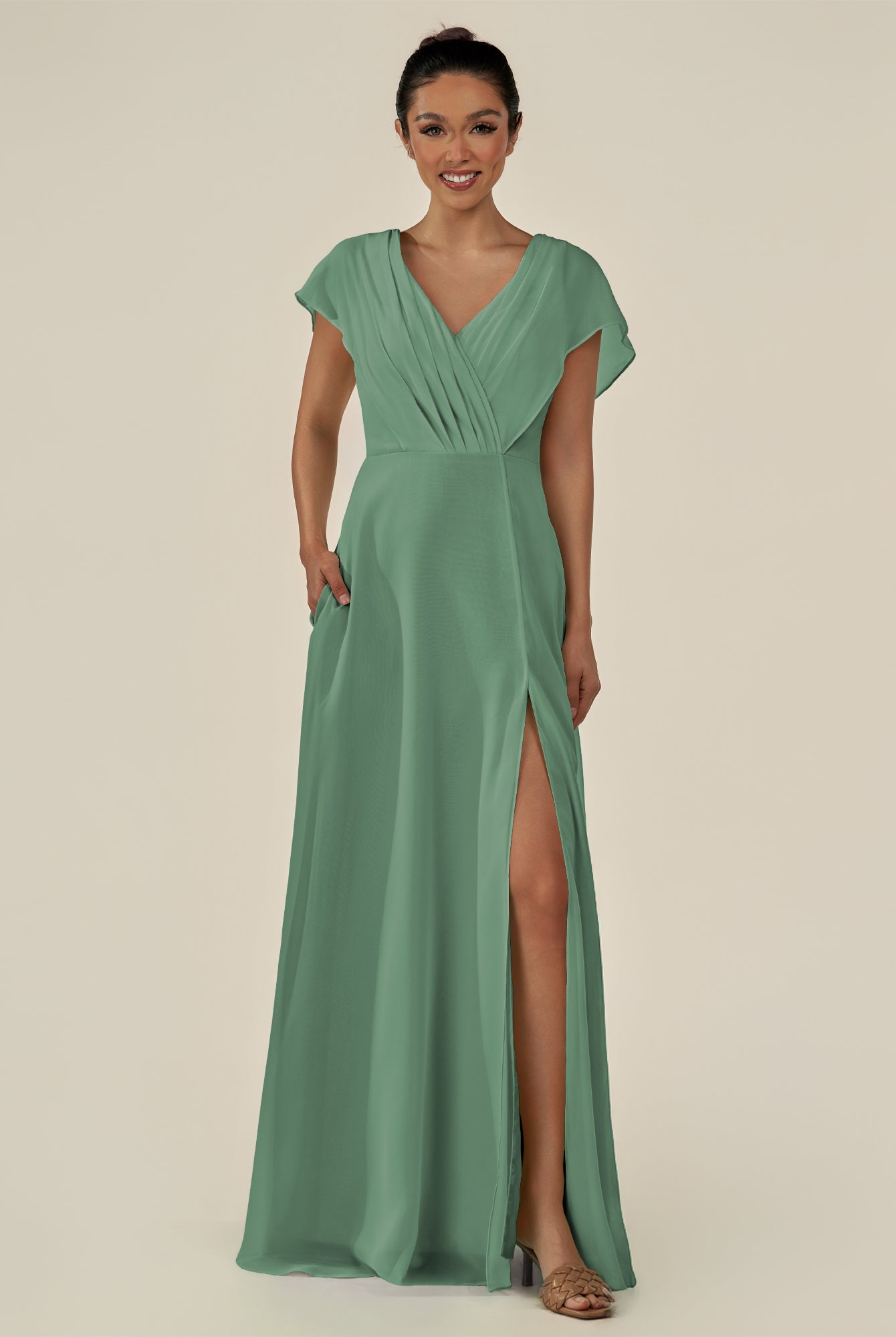 KissDress-Aven Sea Glass A Line Chiffon Cap Sleeves V Neck Pleated Long Bridesmaid Dress with Slit