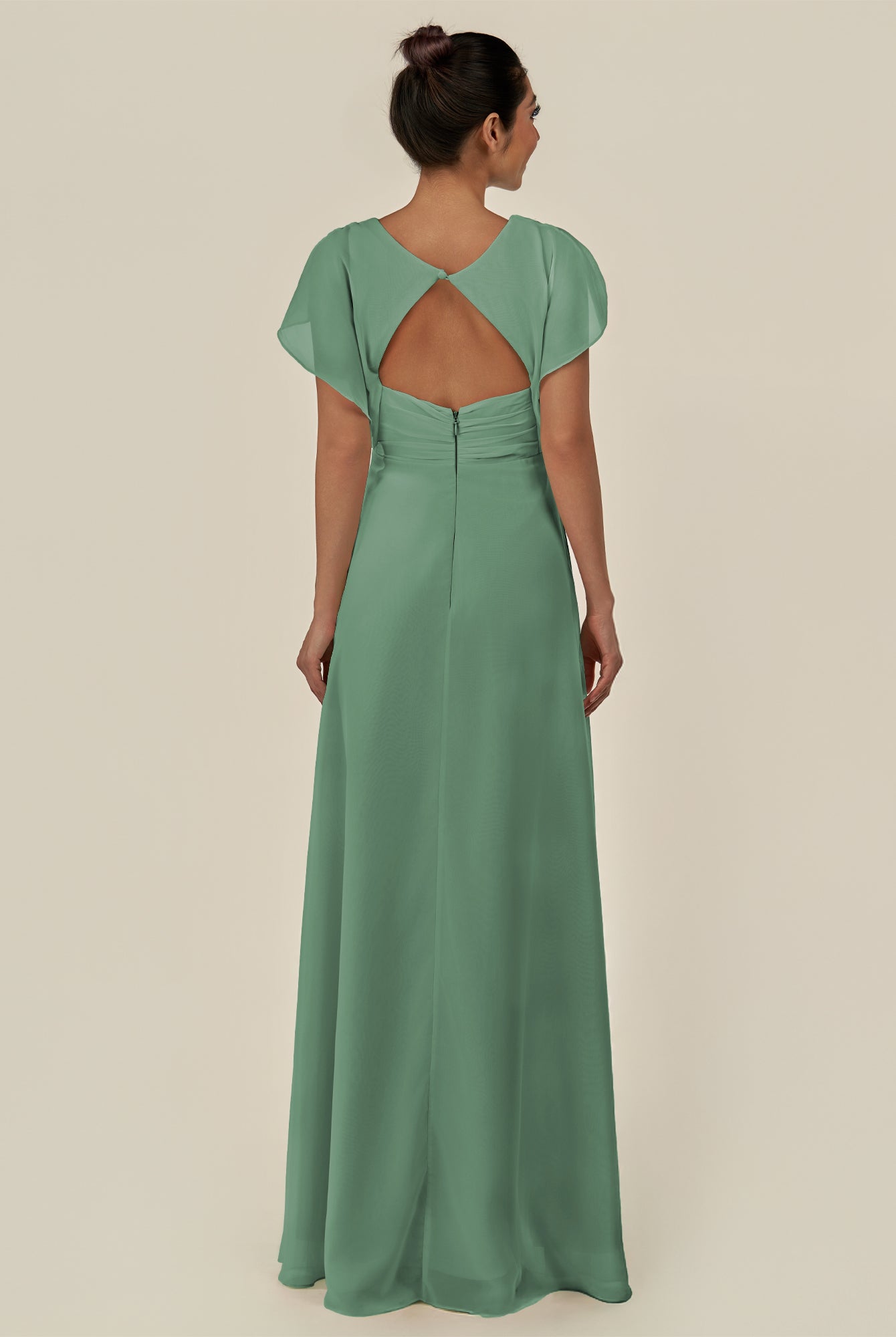 KissDress-Aven Sea Glass A Line Chiffon Cap Sleeves V Neck Pleated Long Bridesmaid Dress with Slit