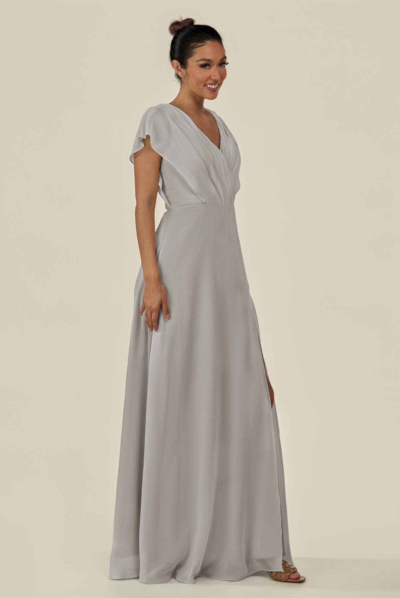 KissDress-Aven Silver A Line Chiffon Cap Sleeves V Neck Pleated Long Bridesmaid Dress with Slit
