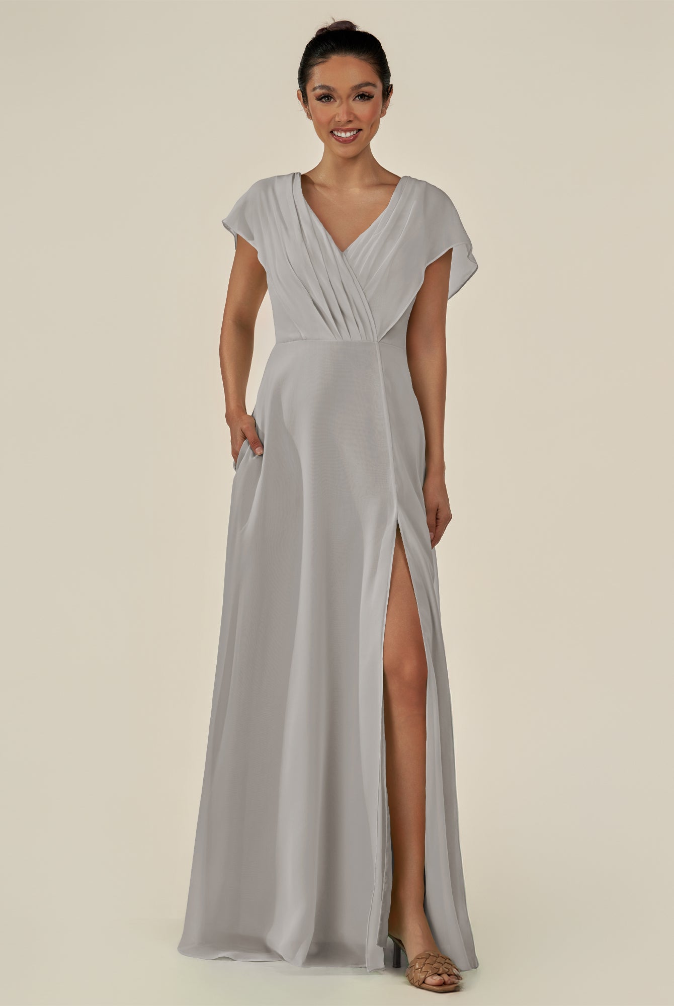 KissDress-Aven Silver A Line Chiffon Cap Sleeves V Neck Pleated Long Bridesmaid Dress with Slit