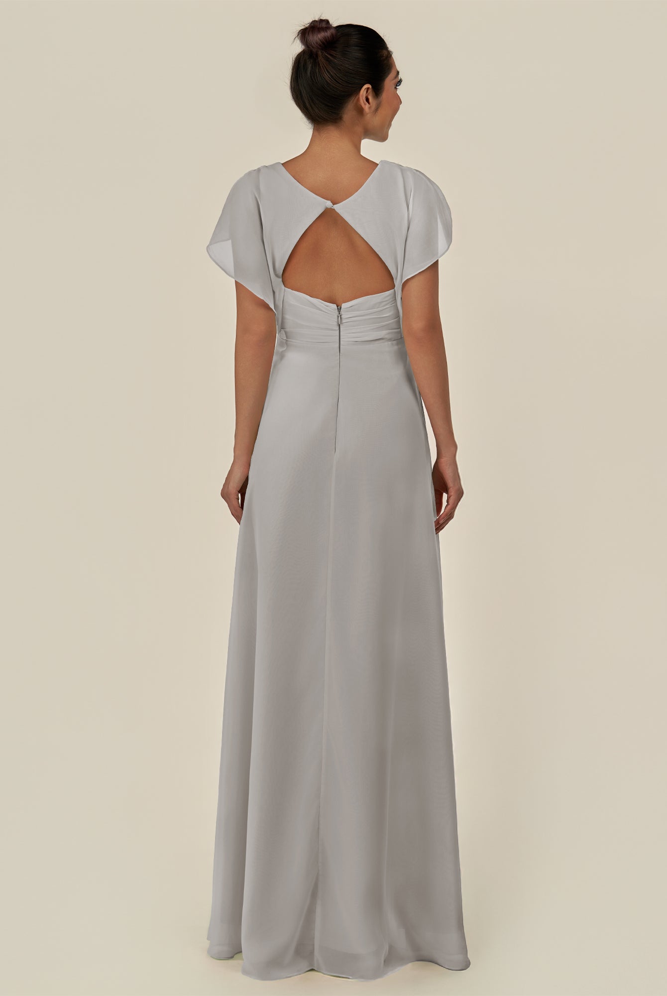 KissDress-Aven Silver A Line Chiffon Cap Sleeves V Neck Pleated Long Bridesmaid Dress with Slit