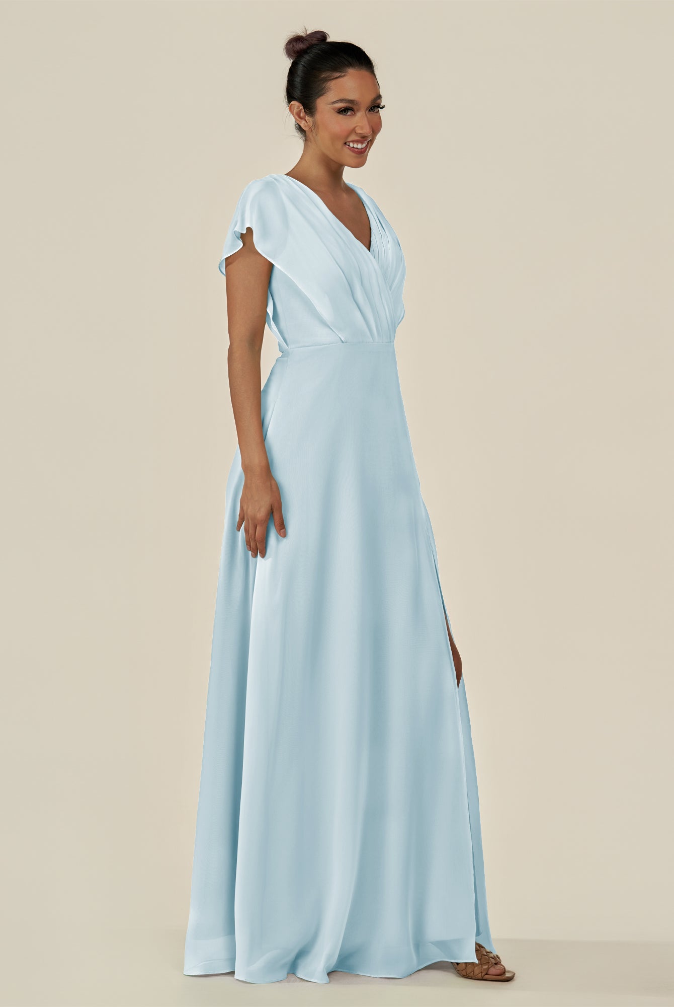 KissDress-Aven Sky Blue A Line Chiffon Cap Sleeves V Neck Pleated Long Bridesmaid Dress with Slit