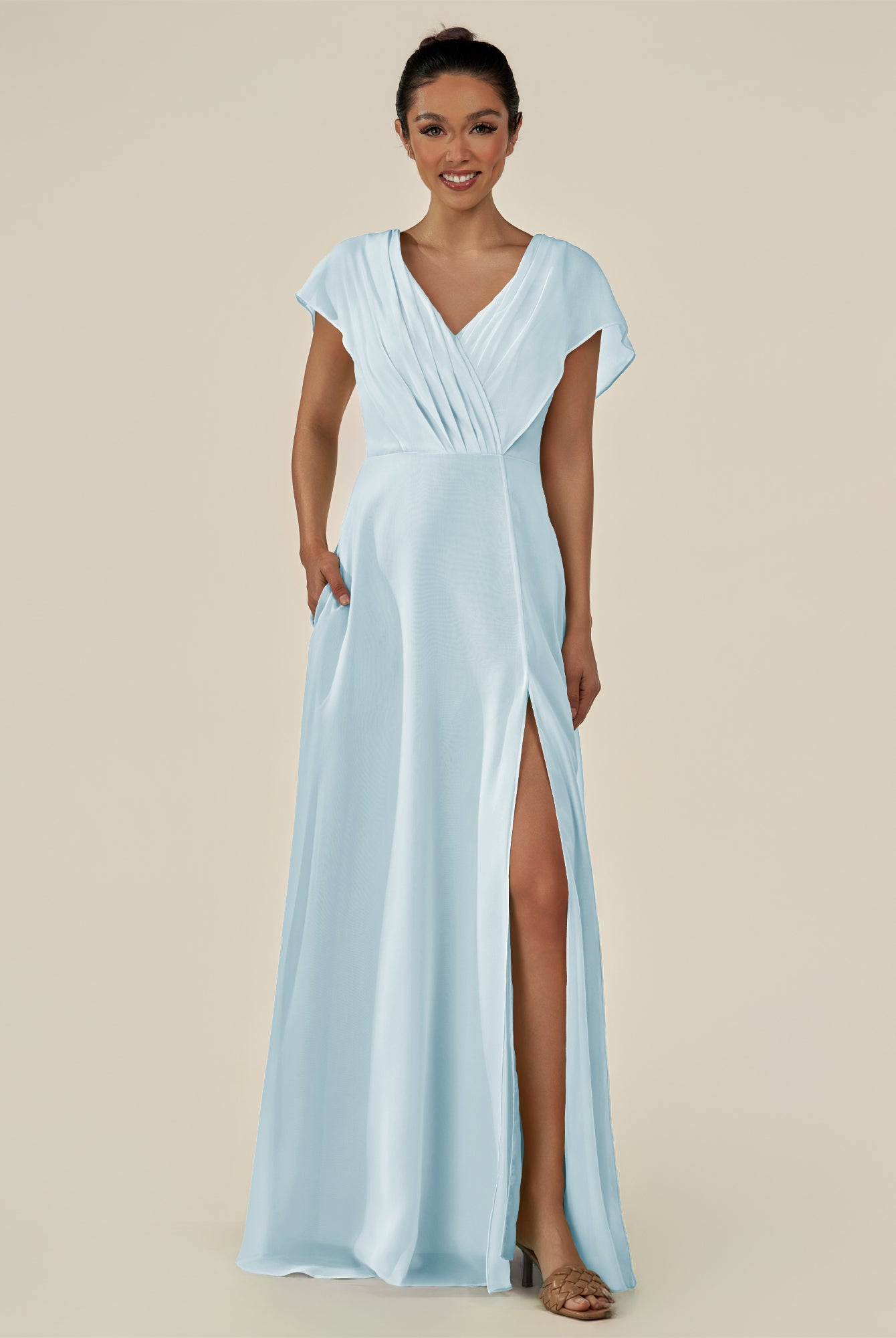 KissDress-Aven Sky Blue A Line Chiffon Cap Sleeves V Neck Pleated Long Bridesmaid Dress with Slit