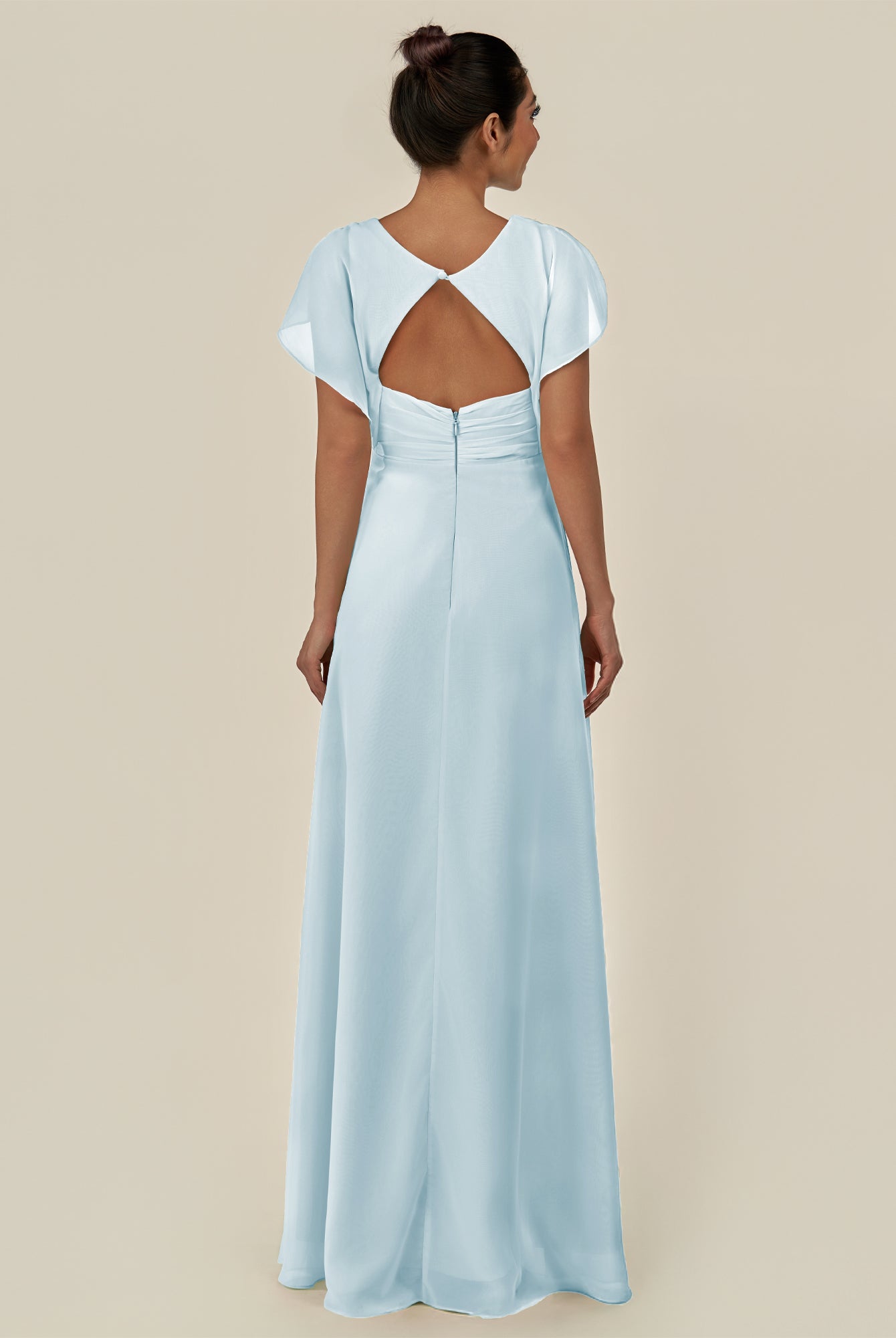 KissDress-Aven Sky Blue A Line Chiffon Cap Sleeves V Neck Pleated Long Bridesmaid Dress with Slit