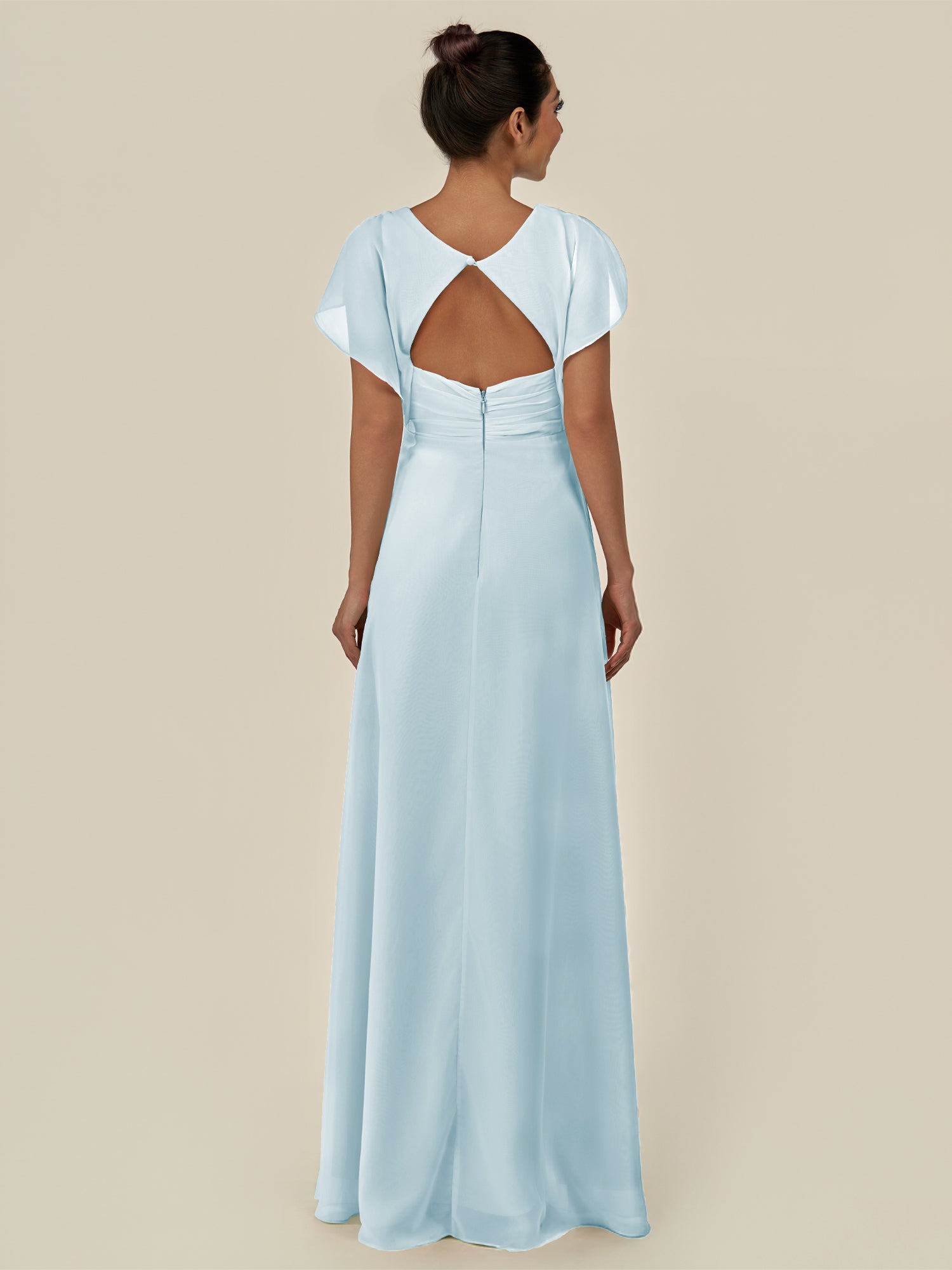 KissDress-Aven Sky Blue A Line Chiffon Cap Sleeves V Neck Pleated Long Bridesmaid Dress with Slit