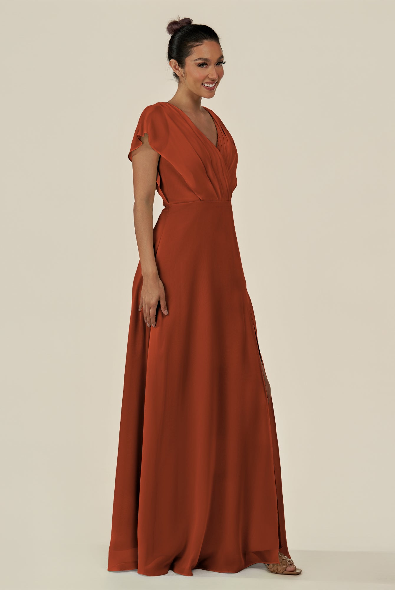 KissDress-Aven Spice A Line Chiffon Cap Sleeves V Neck Pleated Long Bridesmaid Dress with Slit