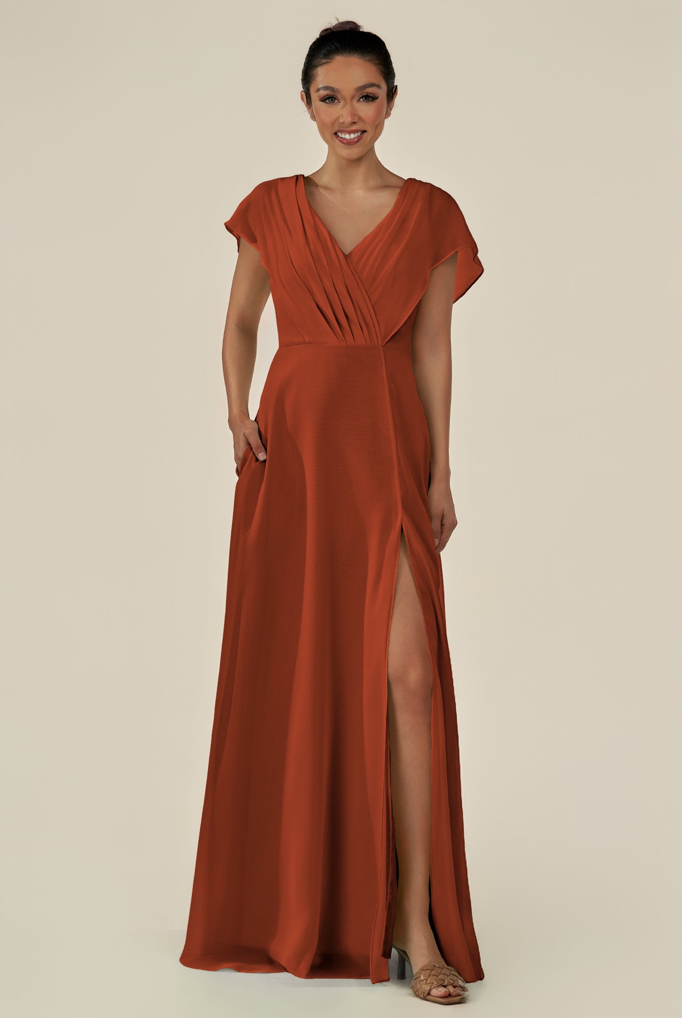 KissDress-Aven Spice A Line Chiffon Cap Sleeves V Neck Pleated Long Bridesmaid Dress with Slit