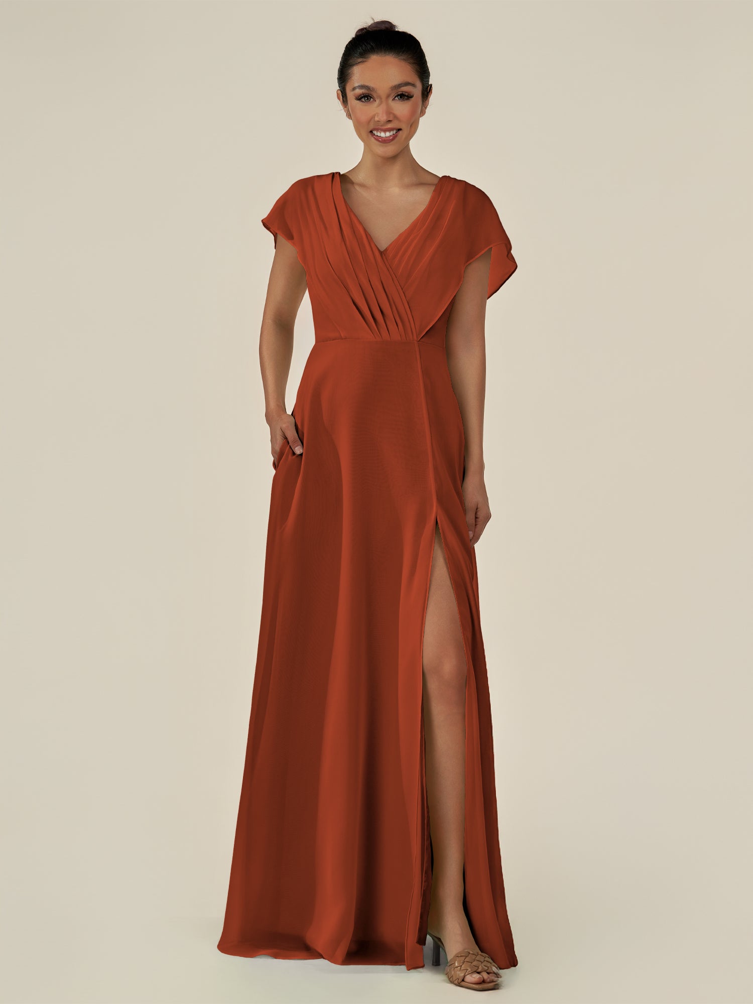 KissDress-Aven Spice A Line Chiffon Cap Sleeves V Neck Pleated Long Bridesmaid Dress with Slit