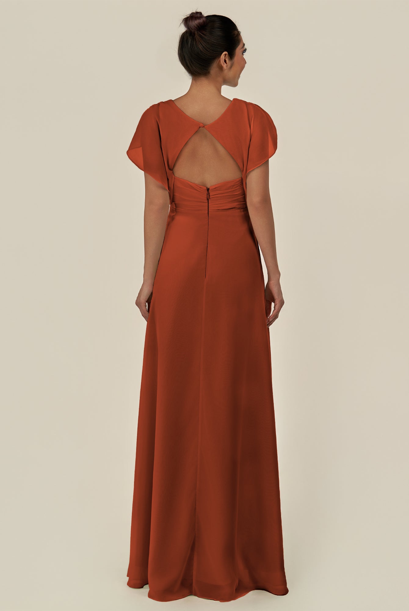 KissDress-Aven Spice A Line Chiffon Cap Sleeves V Neck Pleated Long Bridesmaid Dress with Slit