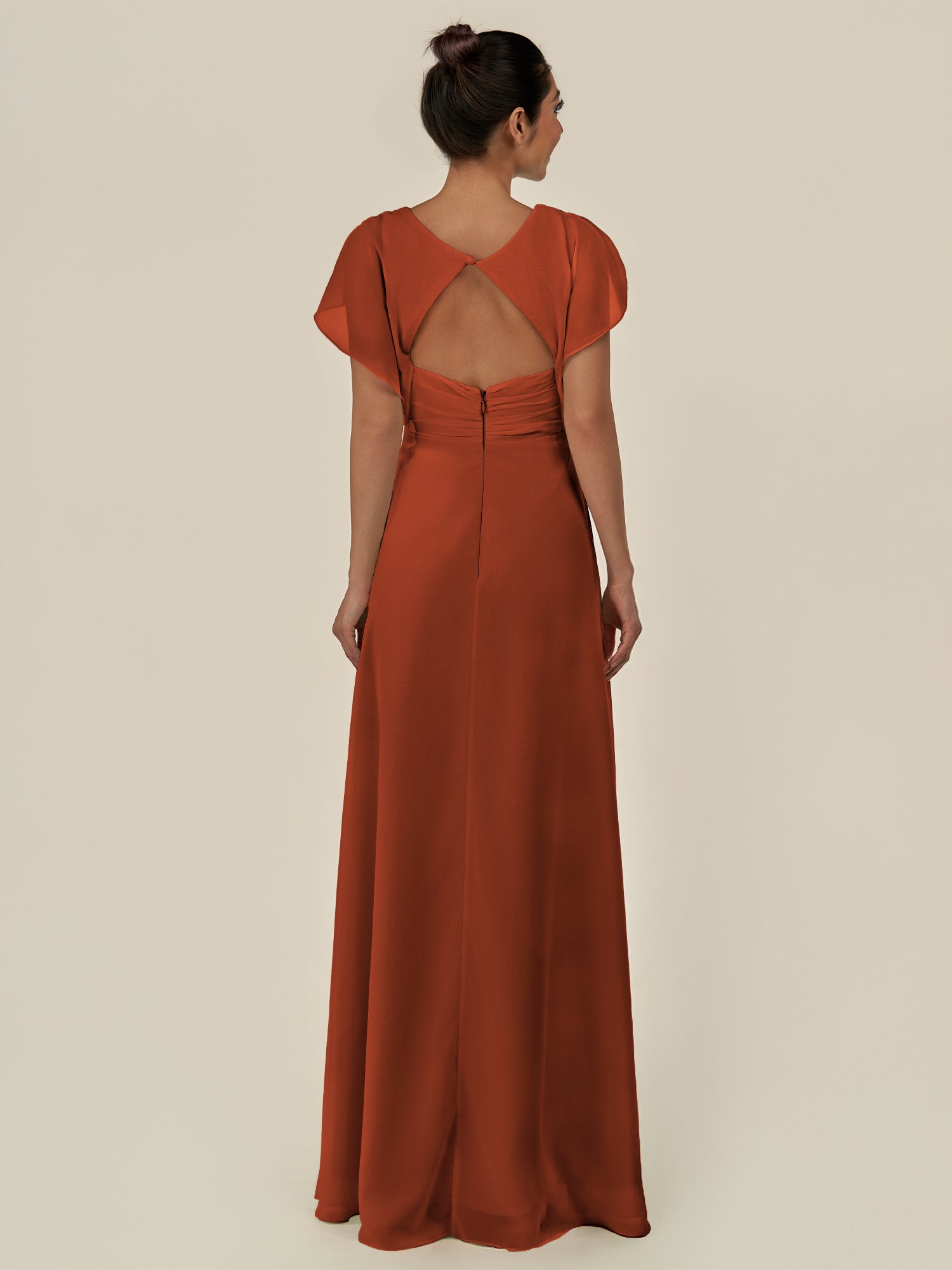KissDress-Aven Spice A Line Chiffon Cap Sleeves V Neck Pleated Long Bridesmaid Dress with Slit