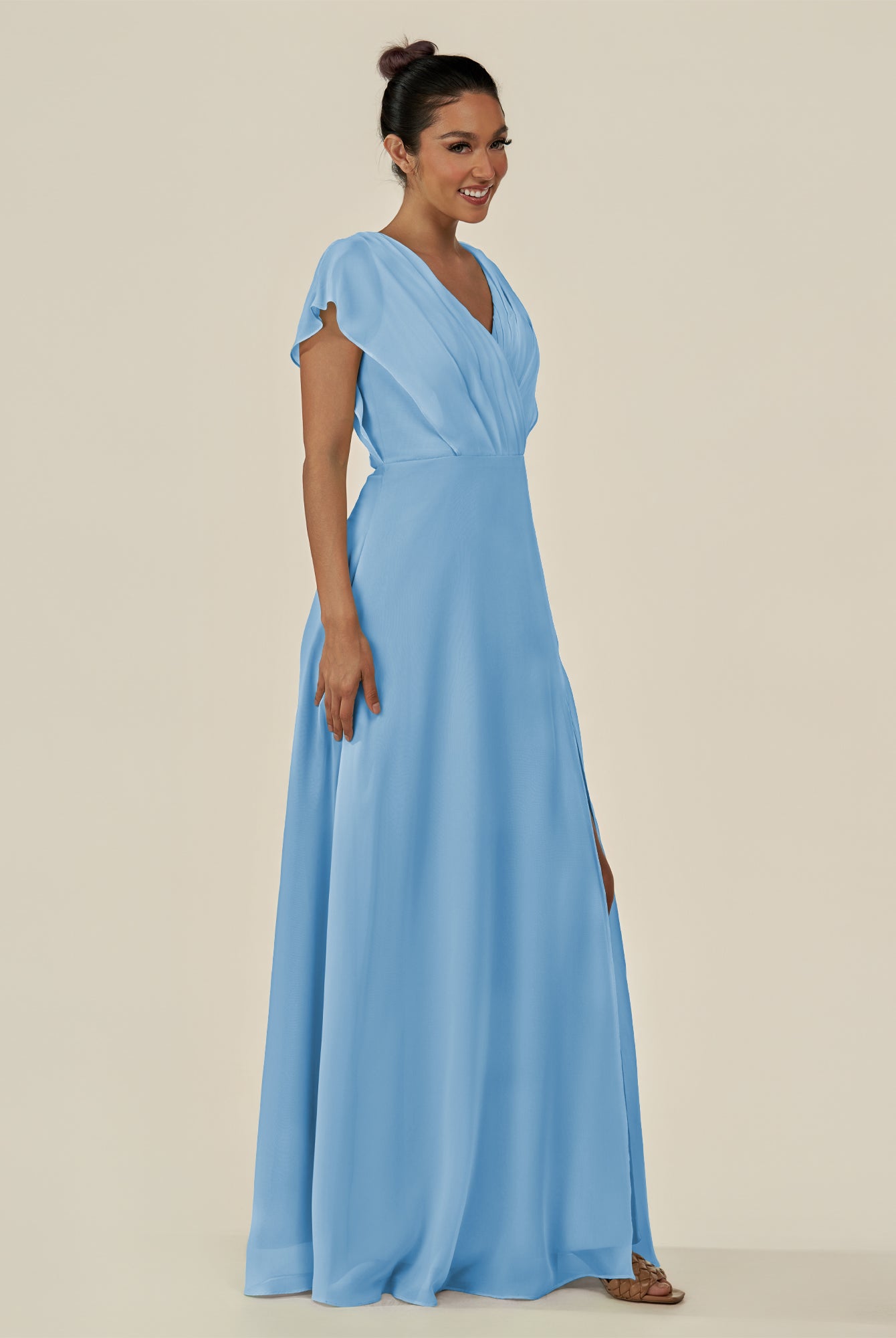 KissDress-Aven Steel Blue A Line Chiffon Cap Sleeves V Neck Pleated Long Bridesmaid Dress with Slit