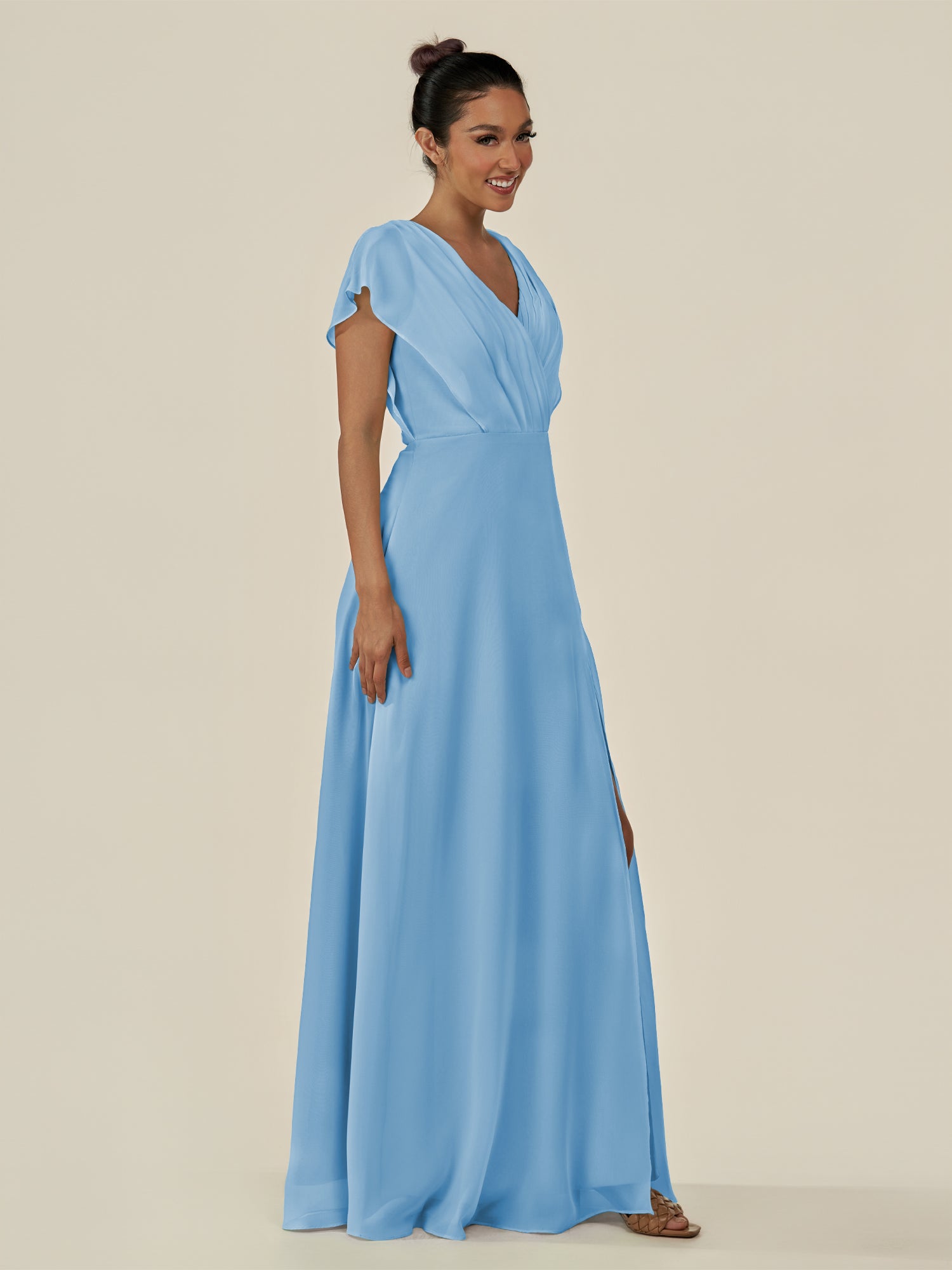 KissDress-Aven Steel Blue A Line Chiffon Cap Sleeves V Neck Pleated Long Bridesmaid Dress with Slit