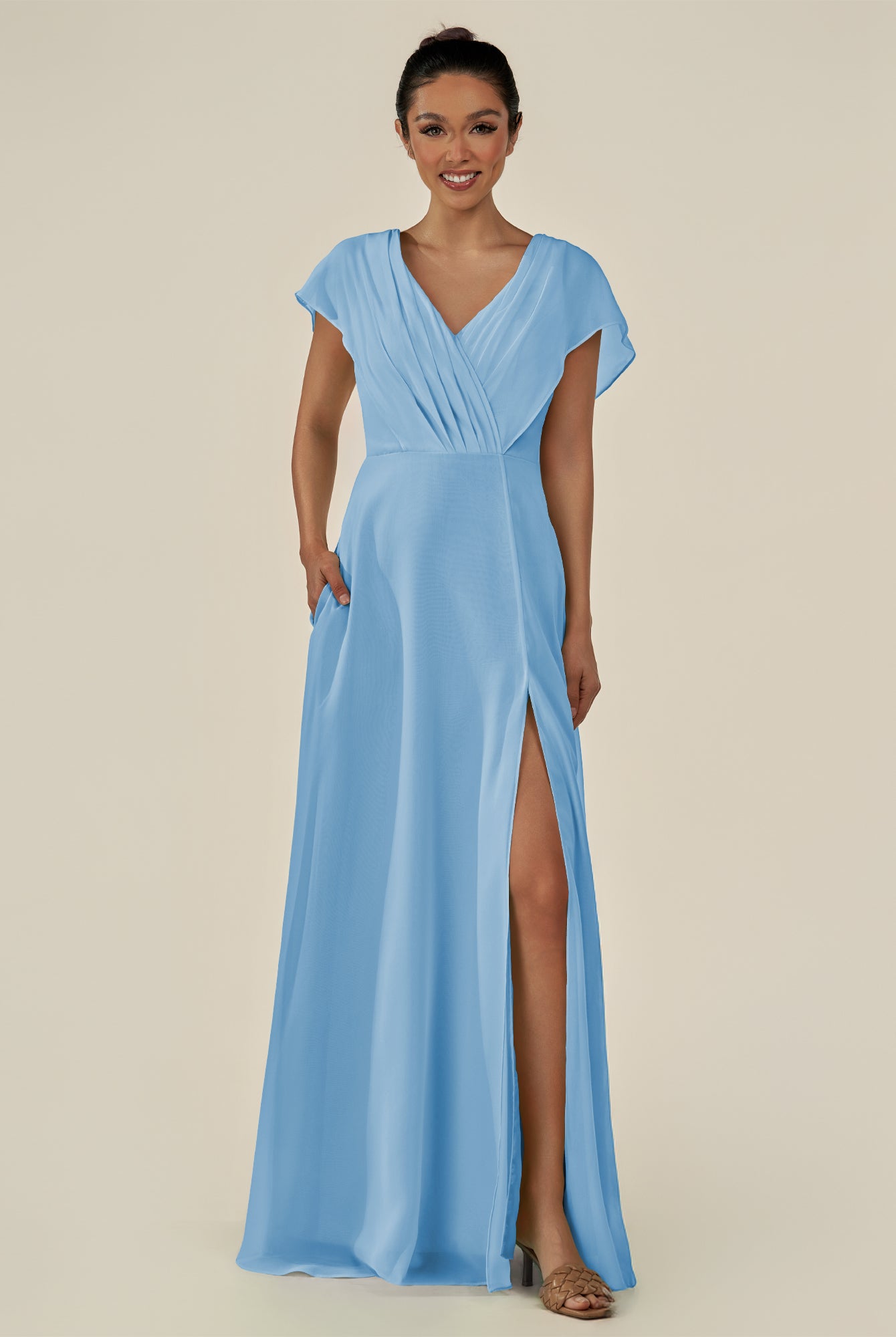 KissDress-Aven Steel Blue A Line Chiffon Cap Sleeves V Neck Pleated Long Bridesmaid Dress with Slit