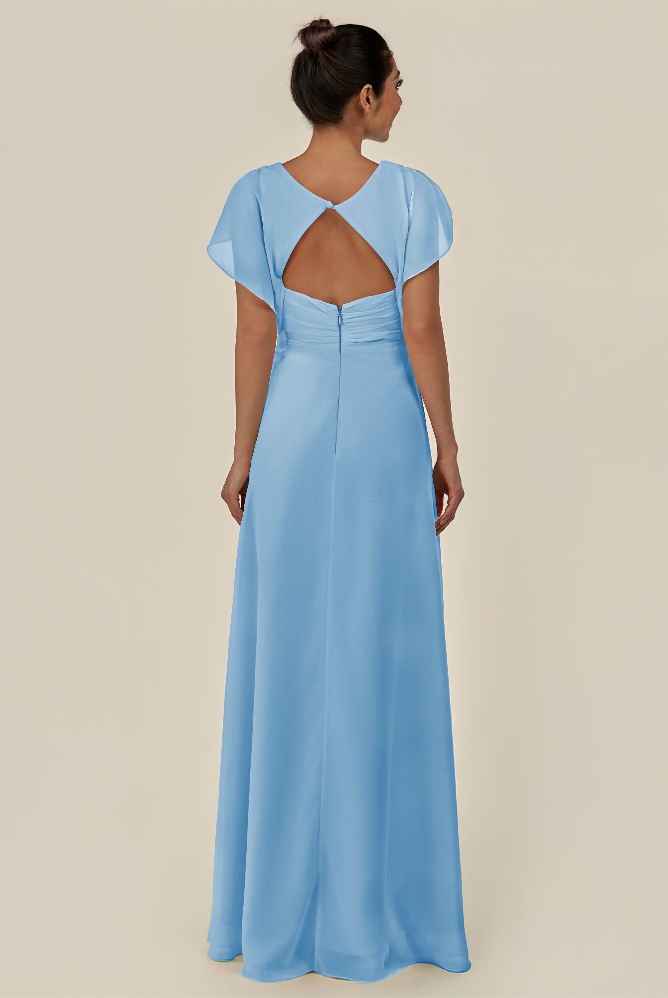 KissDress-Aven Steel Blue A Line Chiffon Cap Sleeves V Neck Pleated Long Bridesmaid Dress with Slit