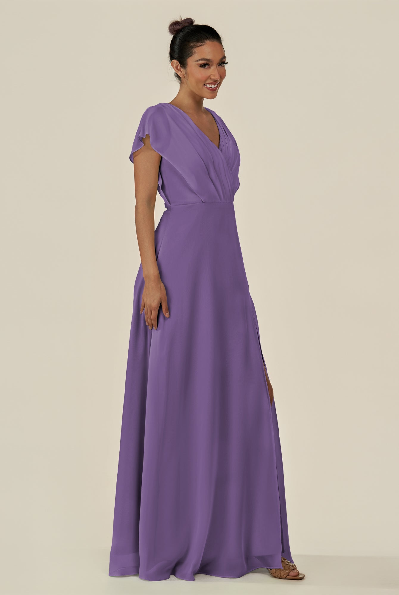 KissDress-Aven Tahiti A Line Chiffon Cap Sleeves V Neck Pleated Long Bridesmaid Dress with Slit