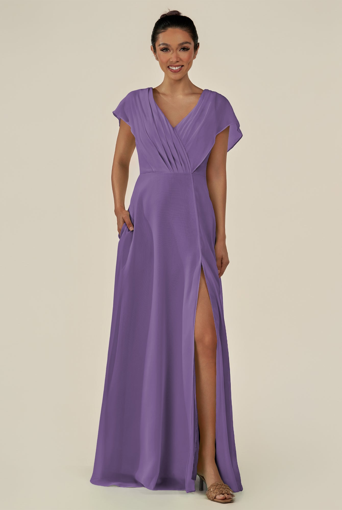 KissDress-Aven Tahiti A Line Chiffon Cap Sleeves V Neck Pleated Long Bridesmaid Dress with Slit