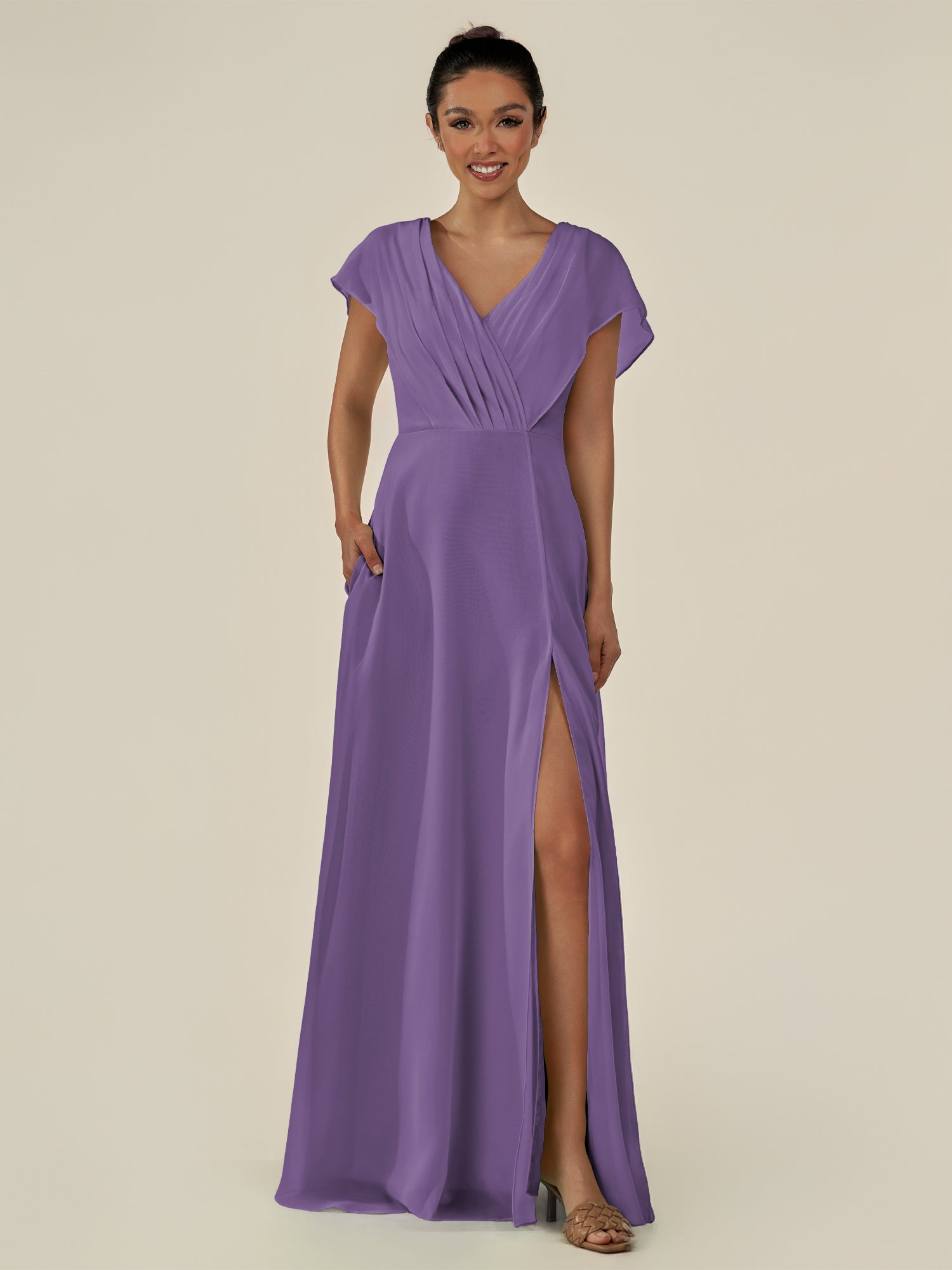 KissDress-Aven Tahiti A Line Chiffon Cap Sleeves V Neck Pleated Long Bridesmaid Dress with Slit