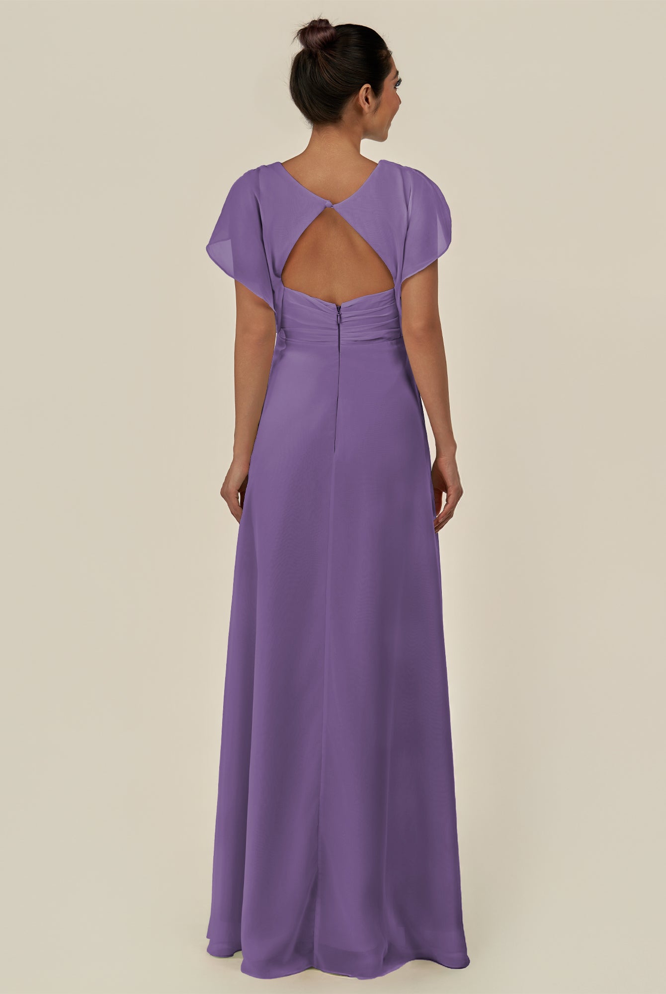 KissDress-Aven Tahiti A Line Chiffon Cap Sleeves V Neck Pleated Long Bridesmaid Dress with Slit