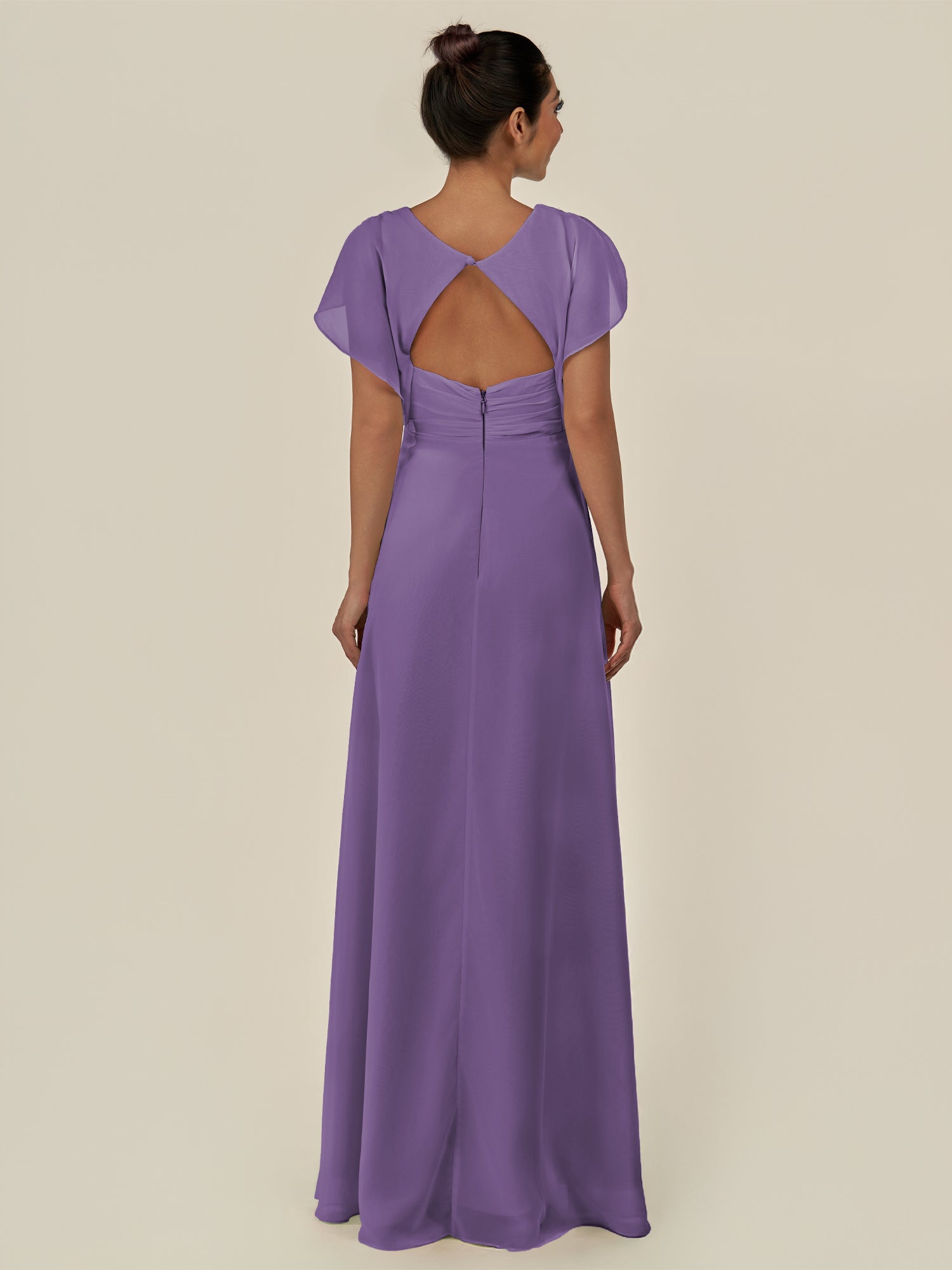 KissDress-Aven Tahiti A Line Chiffon Cap Sleeves V Neck Pleated Long Bridesmaid Dress with Slit
