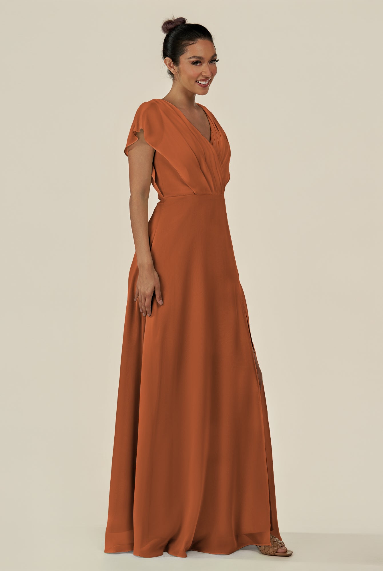 KissDress-Aven Terracotta A Line Chiffon Cap Sleeves V Neck Pleated Long Bridesmaid Dress with Slit