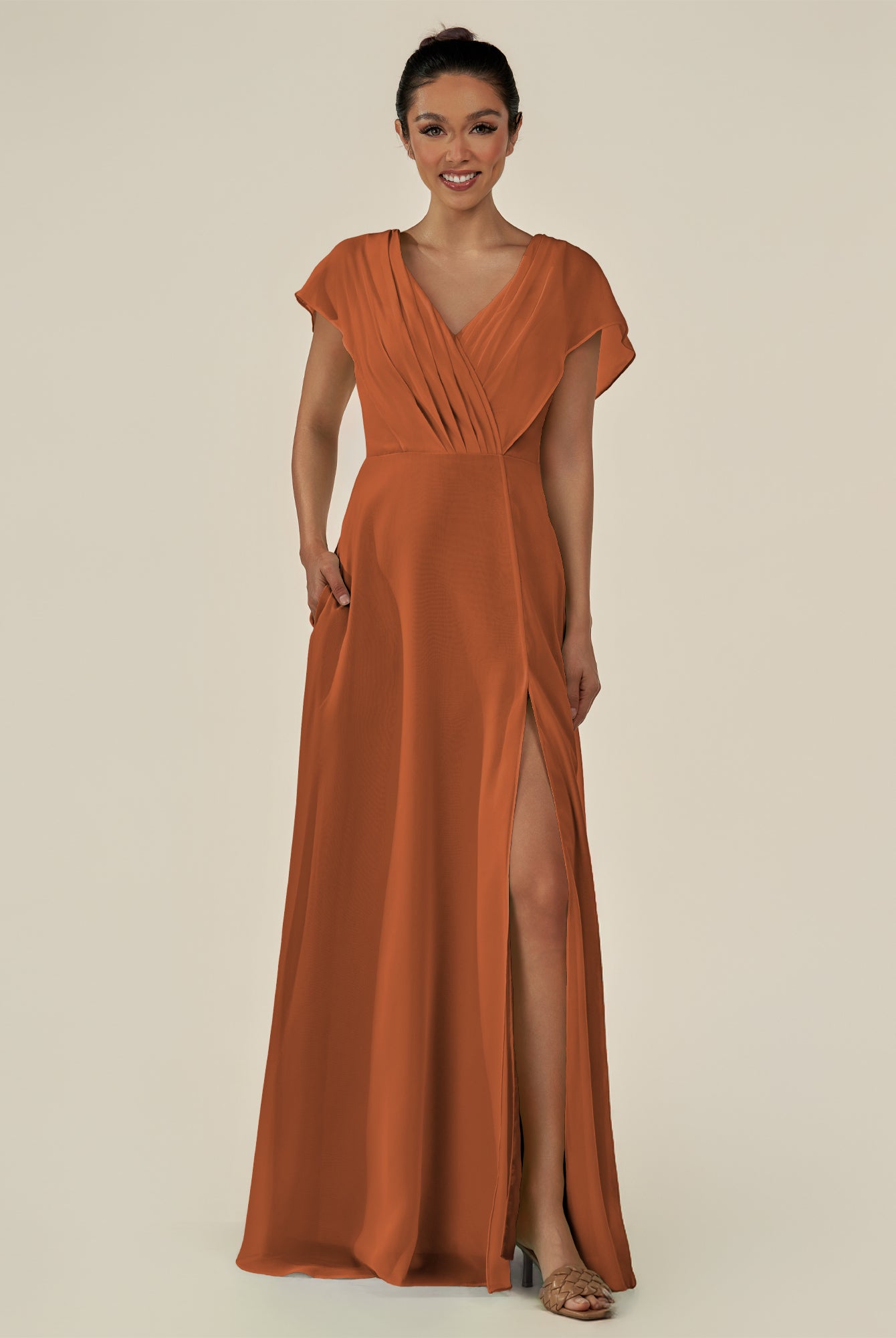 KissDress-Aven Terracotta A Line Chiffon Cap Sleeves V Neck Pleated Long Bridesmaid Dress with Slit