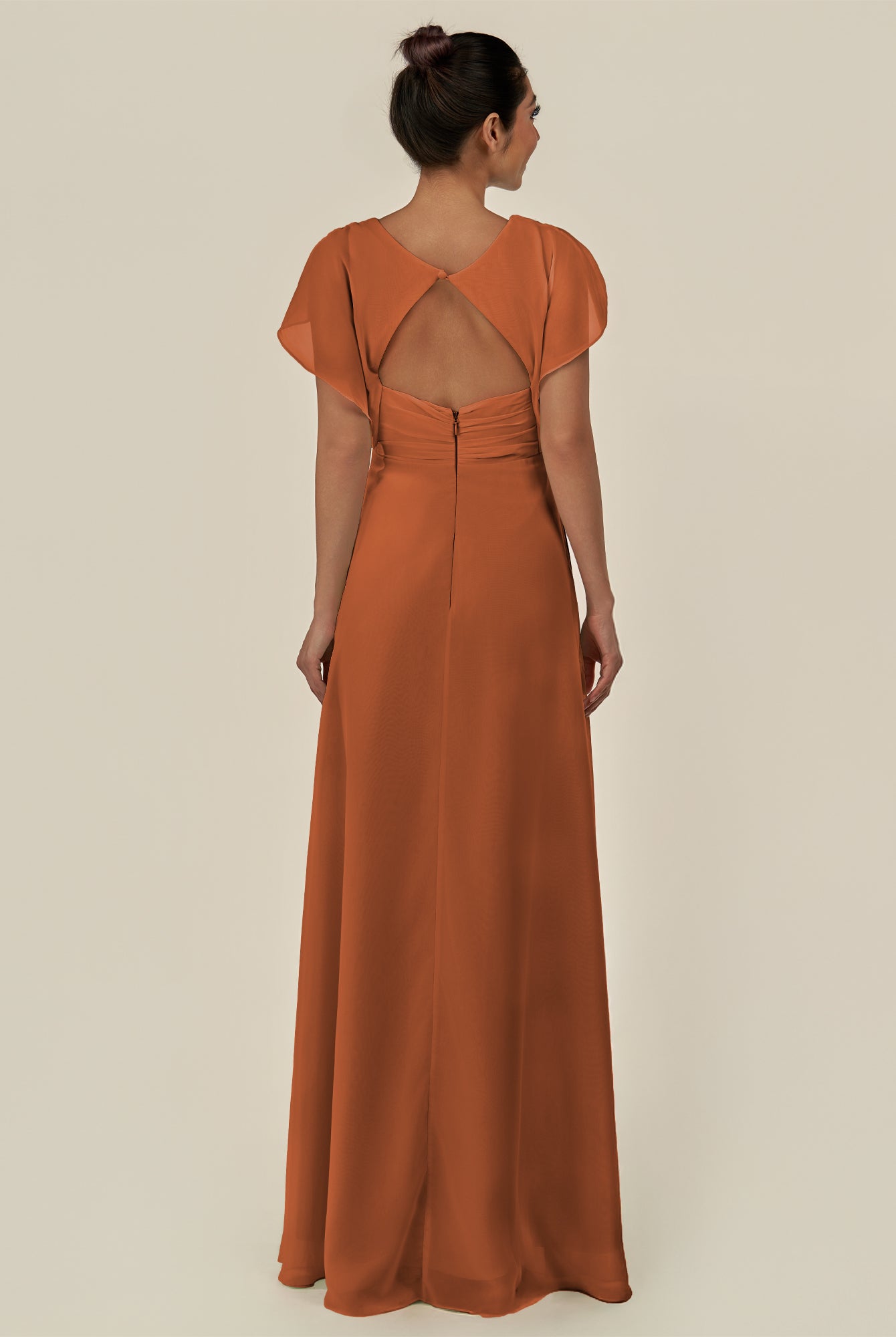 KissDress-Aven Terracotta A Line Chiffon Cap Sleeves V Neck Pleated Long Bridesmaid Dress with Slit