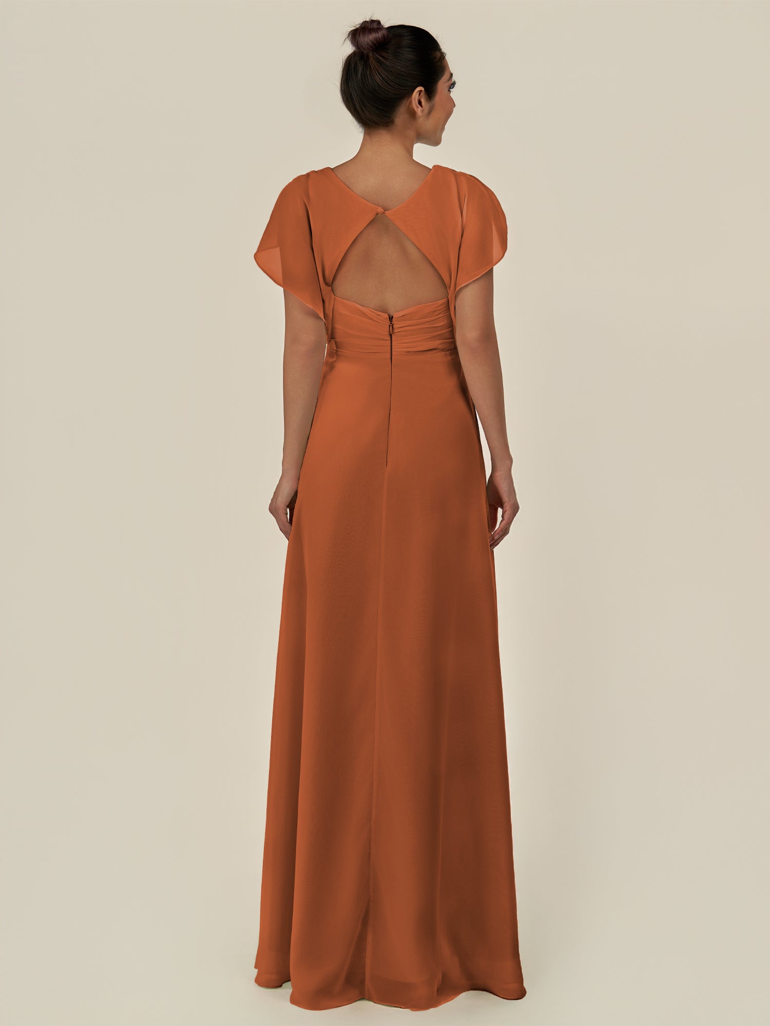 KissDress-Aven Terracotta A Line Chiffon Cap Sleeves V Neck Pleated Long Bridesmaid Dress with Slit