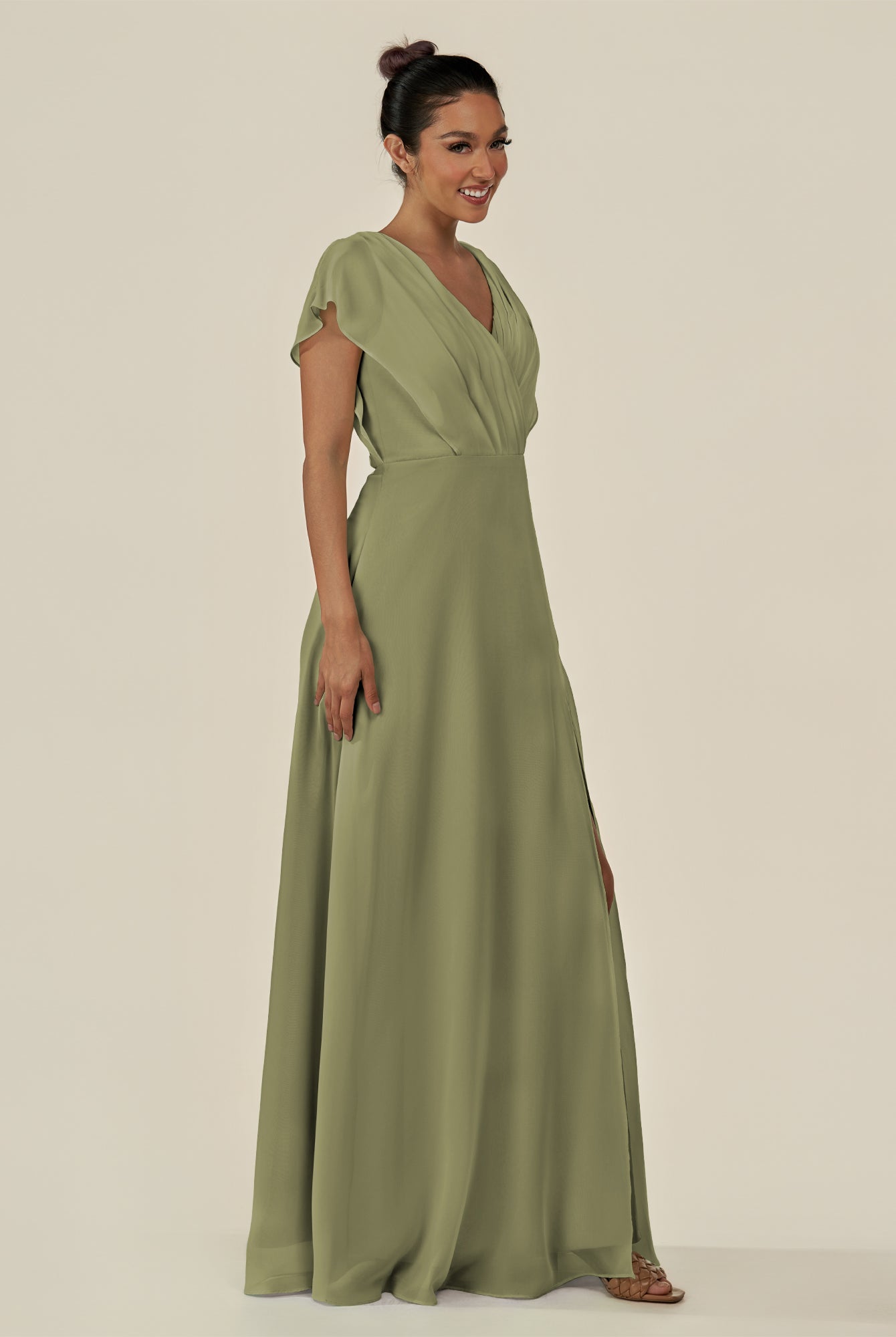 KissDress-Aven Thyme A Line Chiffon Cap Sleeves V Neck Pleated Long Bridesmaid Dress with Slit