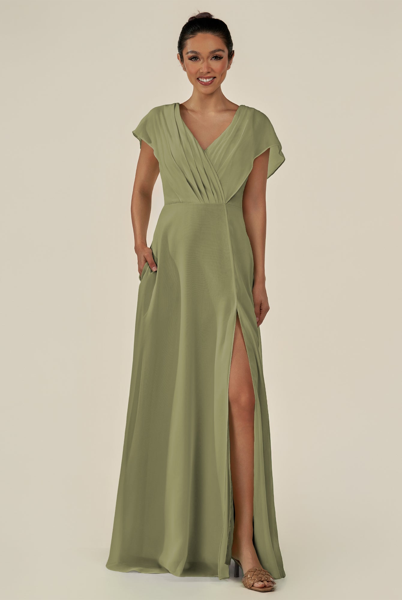 KissDress-Aven Thyme A Line Chiffon Cap Sleeves V Neck Pleated Long Bridesmaid Dress with Slit