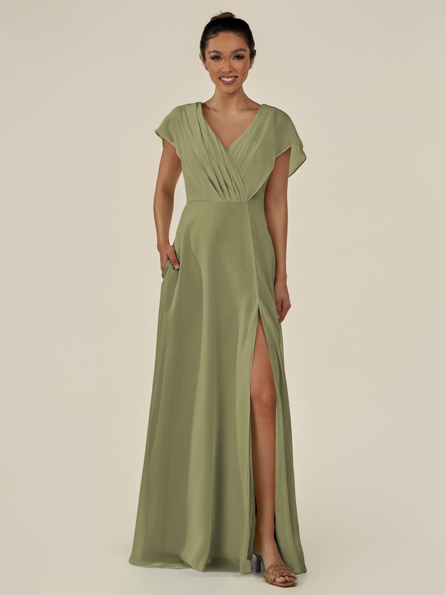 KissDress-Aven Thyme A Line Chiffon Cap Sleeves V Neck Pleated Long Bridesmaid Dress with Slit