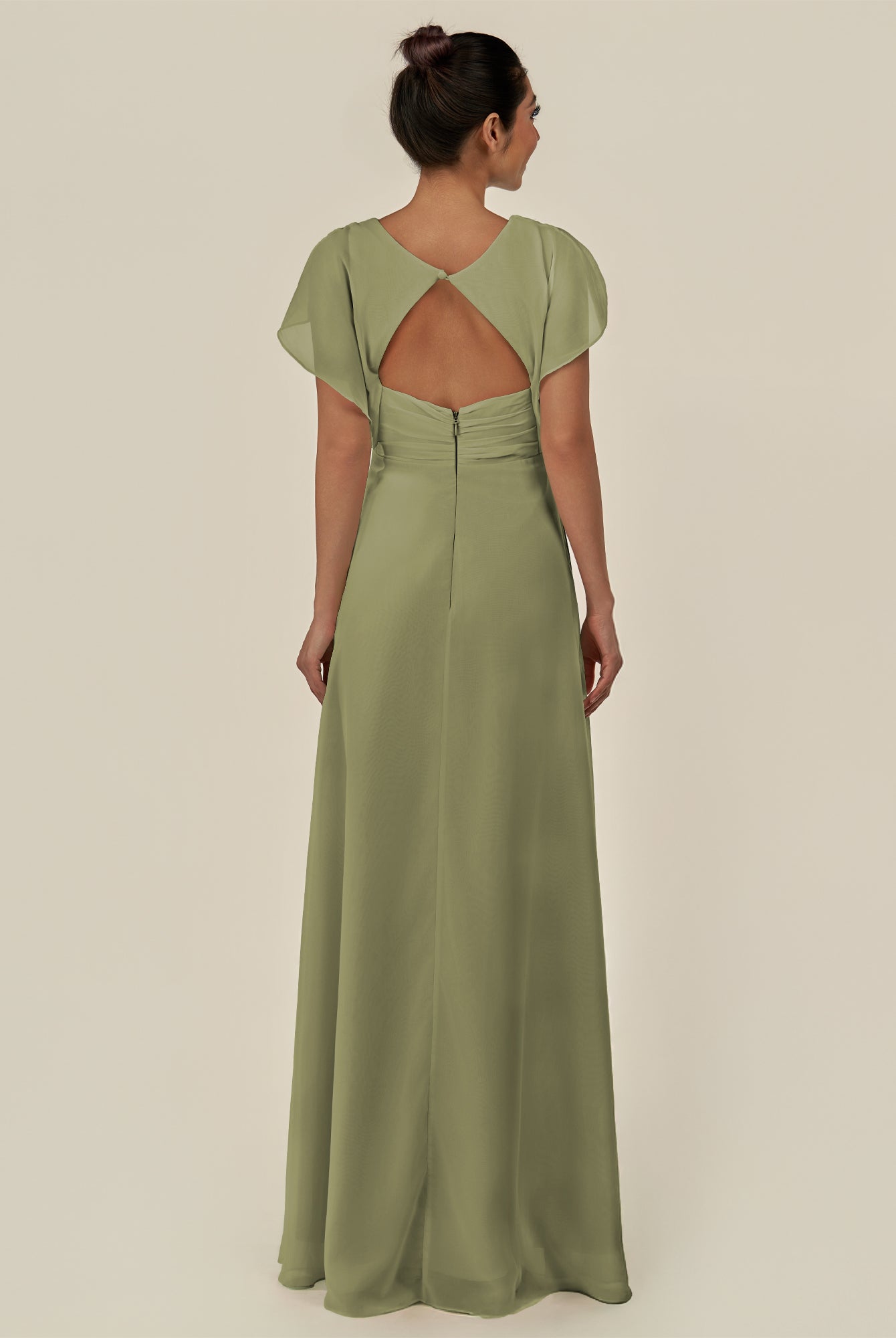 KissDress-Aven Thyme A Line Chiffon Cap Sleeves V Neck Pleated Long Bridesmaid Dress with Slit