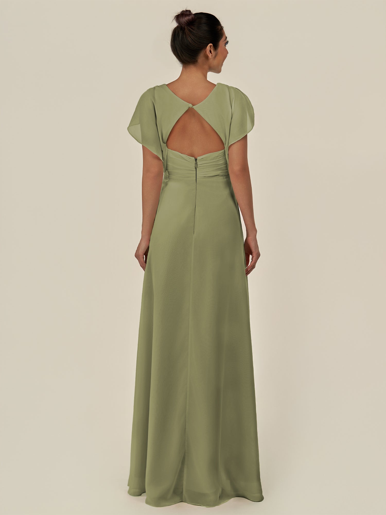 KissDress-Aven Thyme A Line Chiffon Cap Sleeves V Neck Pleated Long Bridesmaid Dress with Slit