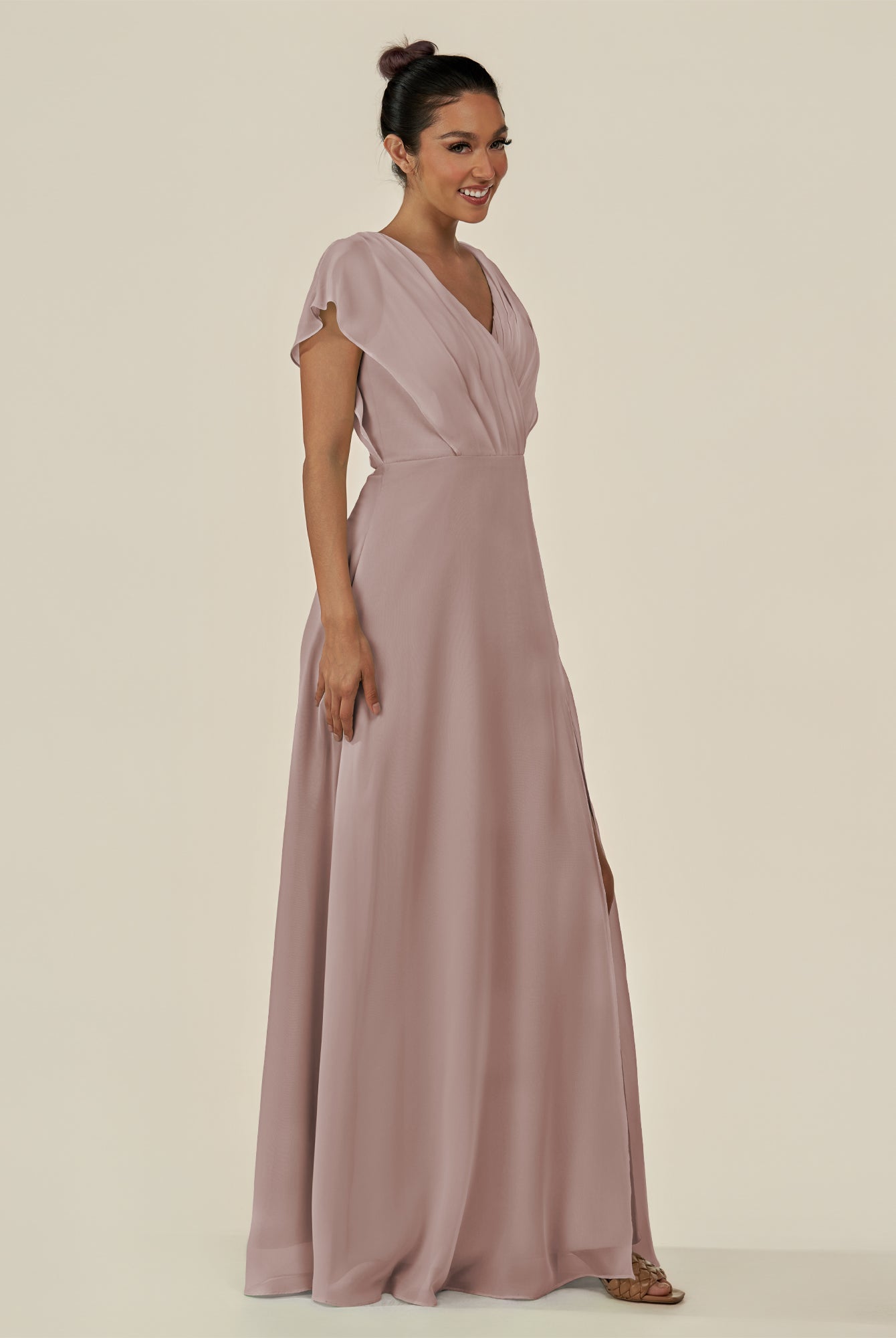 KissDress-Aven Toffee A Line Chiffon Cap Sleeves V Neck Pleated Long Bridesmaid Dress with Slit