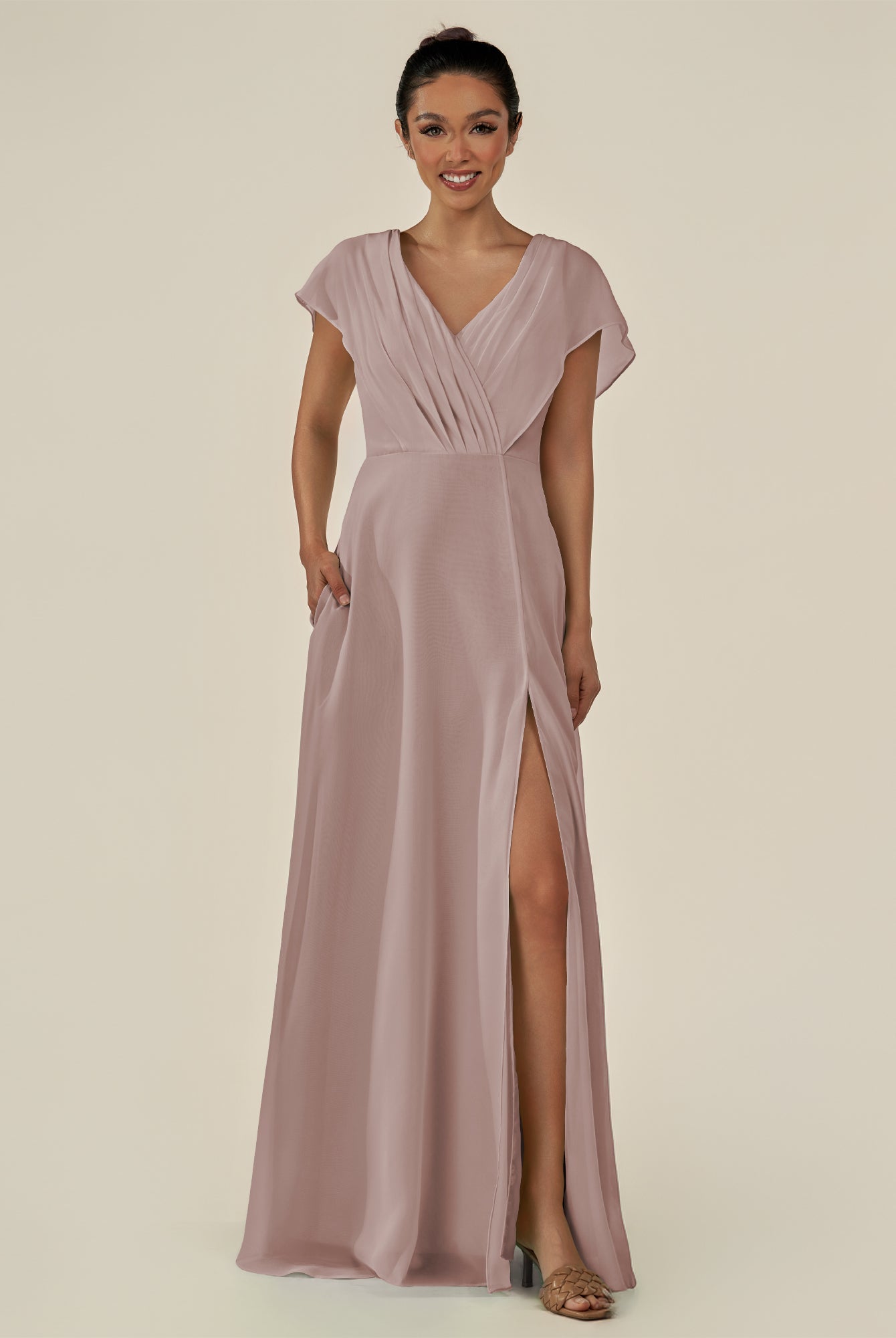 KissDress-Aven Toffee A Line Chiffon Cap Sleeves V Neck Pleated Long Bridesmaid Dress with Slit