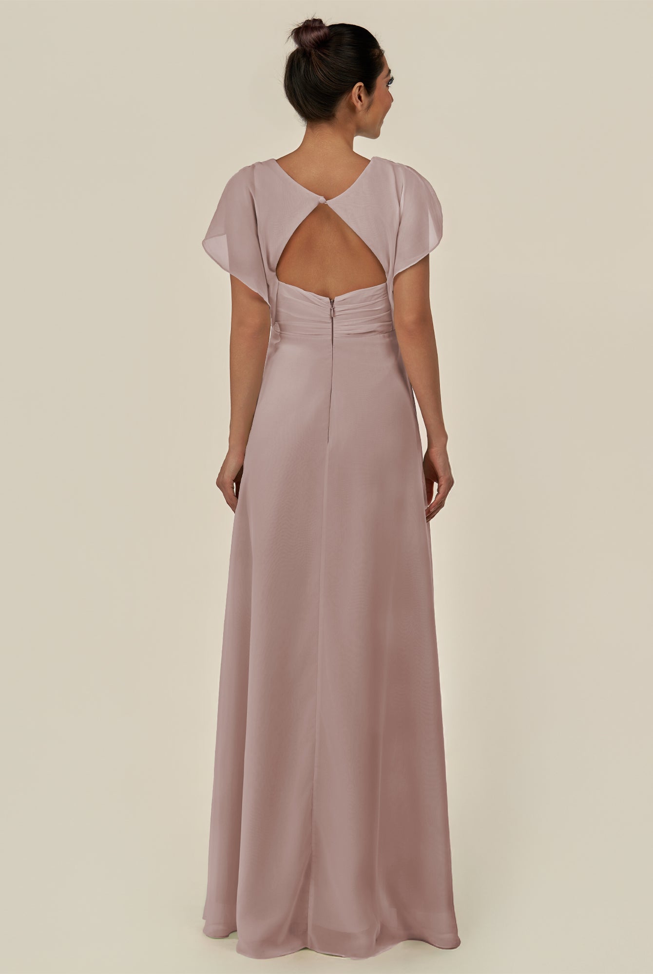 KissDress-Aven Toffee A Line Chiffon Cap Sleeves V Neck Pleated Long Bridesmaid Dress with Slit