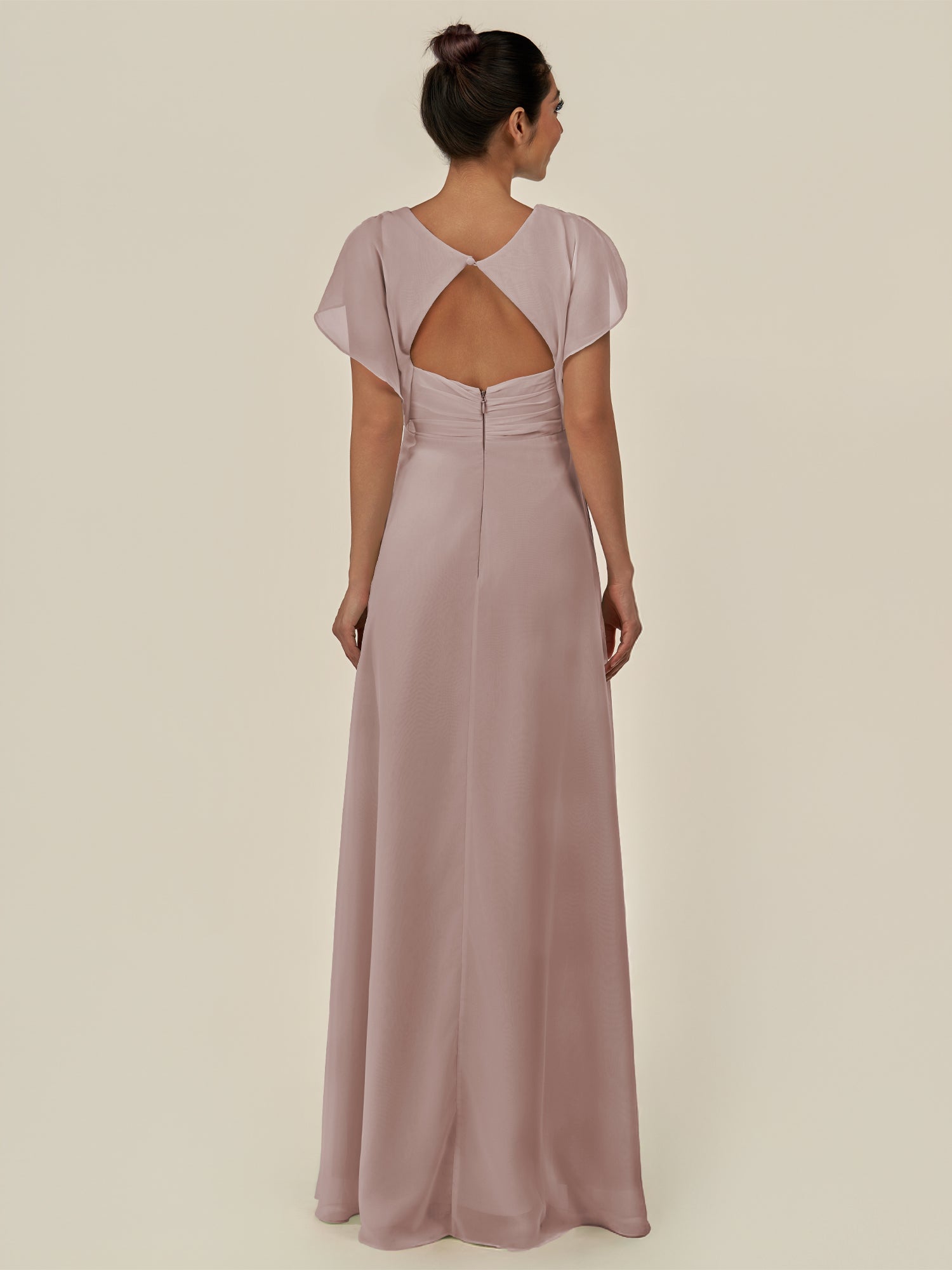 KissDress-Aven Toffee A Line Chiffon Cap Sleeves V Neck Pleated Long Bridesmaid Dress with Slit