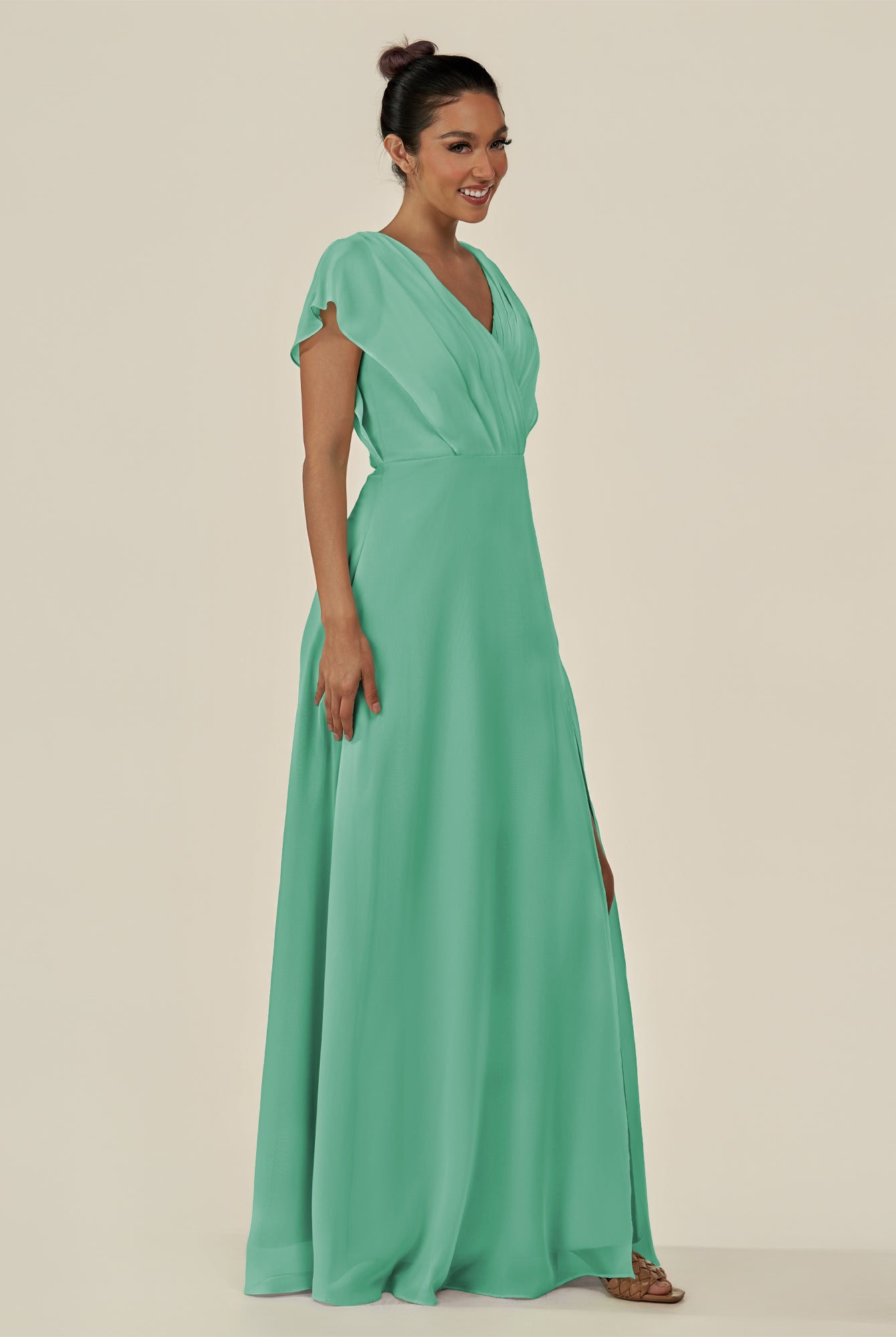 KissDress-Aven Turquoise A Line Chiffon Cap Sleeves V Neck Pleated Long Bridesmaid Dress with Slit