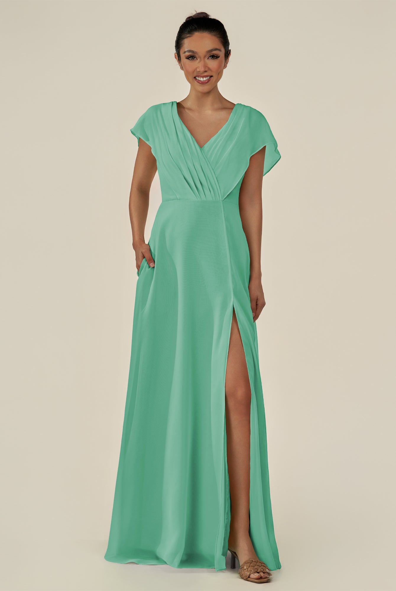 KissDress-Aven Turquoise A Line Chiffon Cap Sleeves V Neck Pleated Long Bridesmaid Dress with Slit