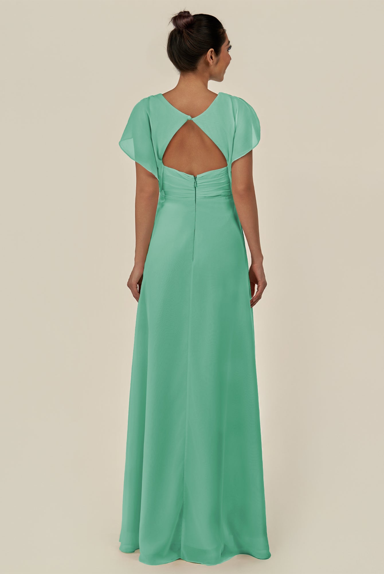 KissDress-Aven Turquoise A Line Chiffon Cap Sleeves V Neck Pleated Long Bridesmaid Dress with Slit