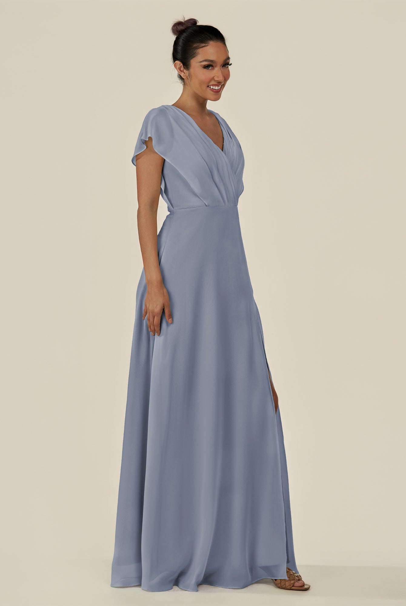 KissDress-Aven Twilight A Line Chiffon Cap Sleeves V Neck Pleated Long Bridesmaid Dress with Slit