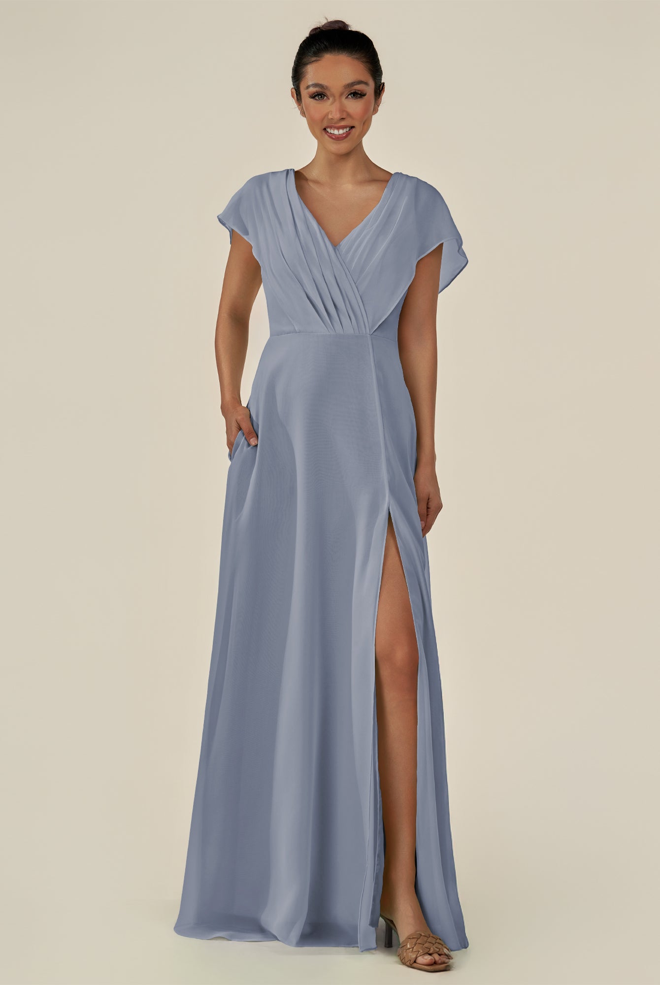 KissDress-Aven Twilight A Line Chiffon Cap Sleeves V Neck Pleated Long Bridesmaid Dress with Slit
