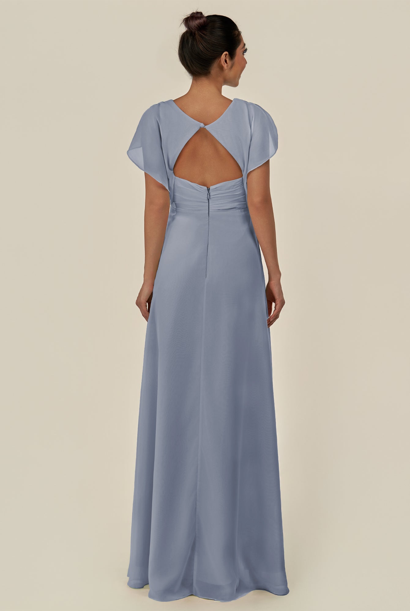 KissDress-Aven Twilight A Line Chiffon Cap Sleeves V Neck Pleated Long Bridesmaid Dress with Slit