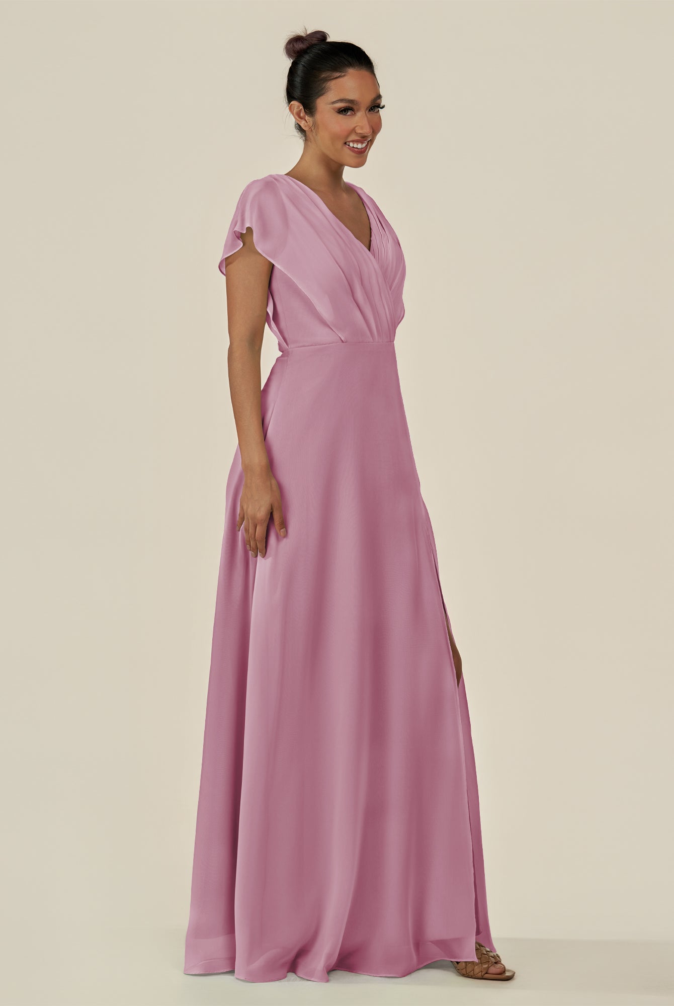 KissDress-Aven Vintage Mauve A Line Chiffon Cap Sleeves V Neck Pleated Long Bridesmaid Dress with Slit