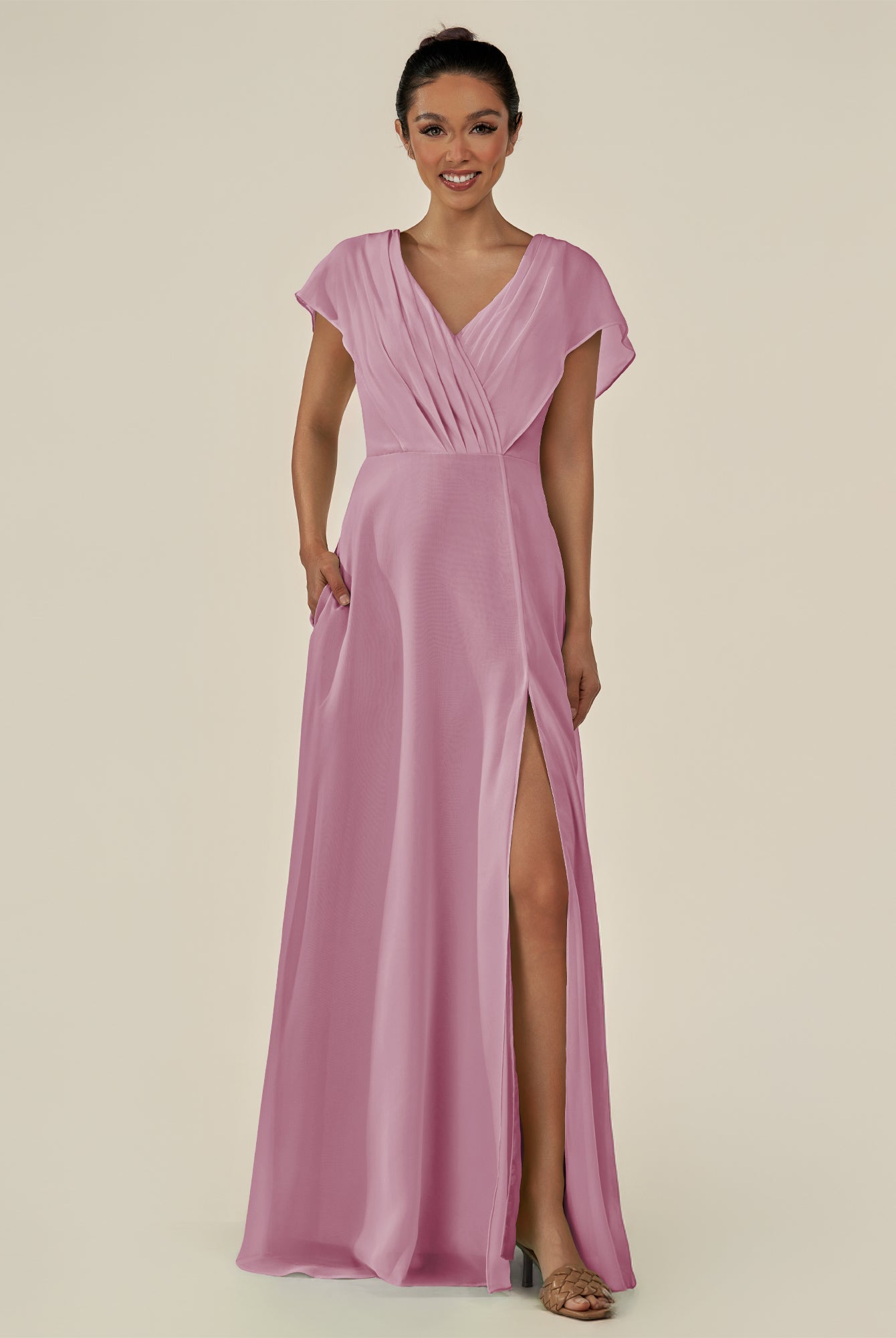 KissDress-Aven Vintage Mauve A Line Chiffon Cap Sleeves V Neck Pleated Long Bridesmaid Dress with Slit