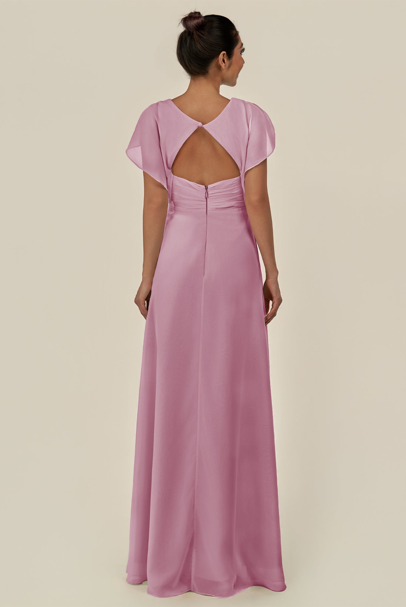 KissDress-Aven Vintage Mauve A Line Chiffon Cap Sleeves V Neck Pleated Long Bridesmaid Dress with Slit
